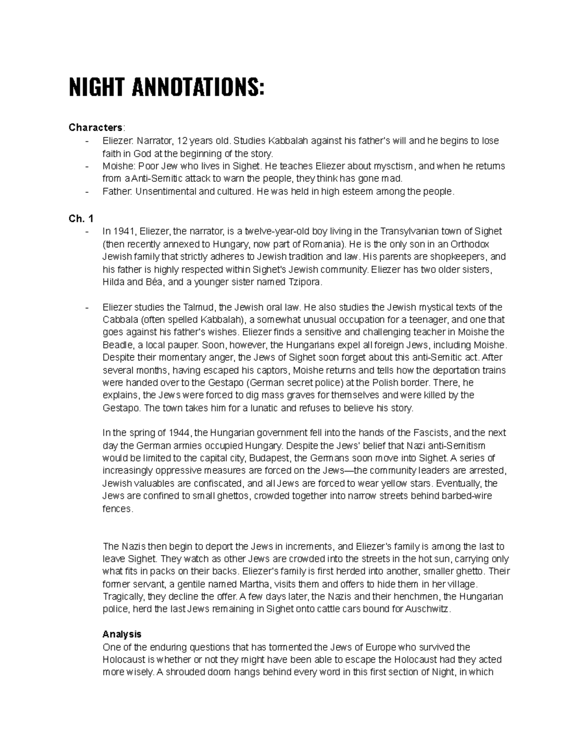 Book Review Night Annotations NIGHT ANNOTATIONS Characters Eliezer 