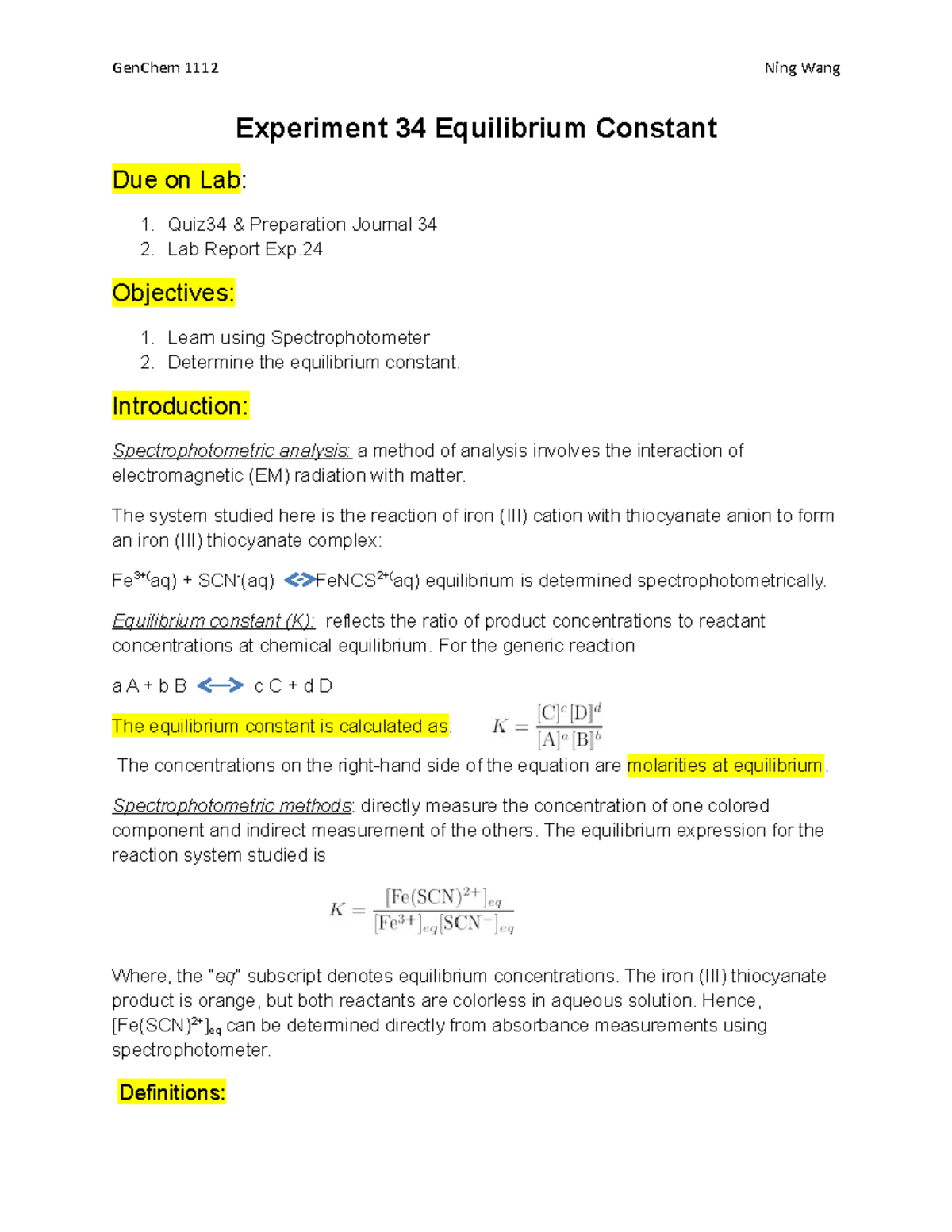 experiment 34 an equilibrium constant post lab answers