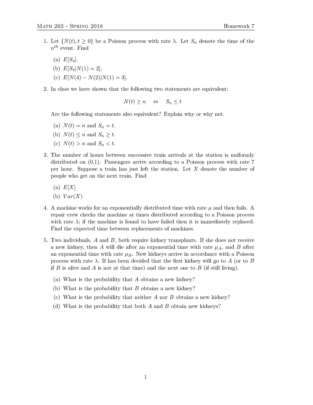 Homework 07 Math 263 Stochastic Processes Homework Math 263 Spring 18 Let Be Studocu