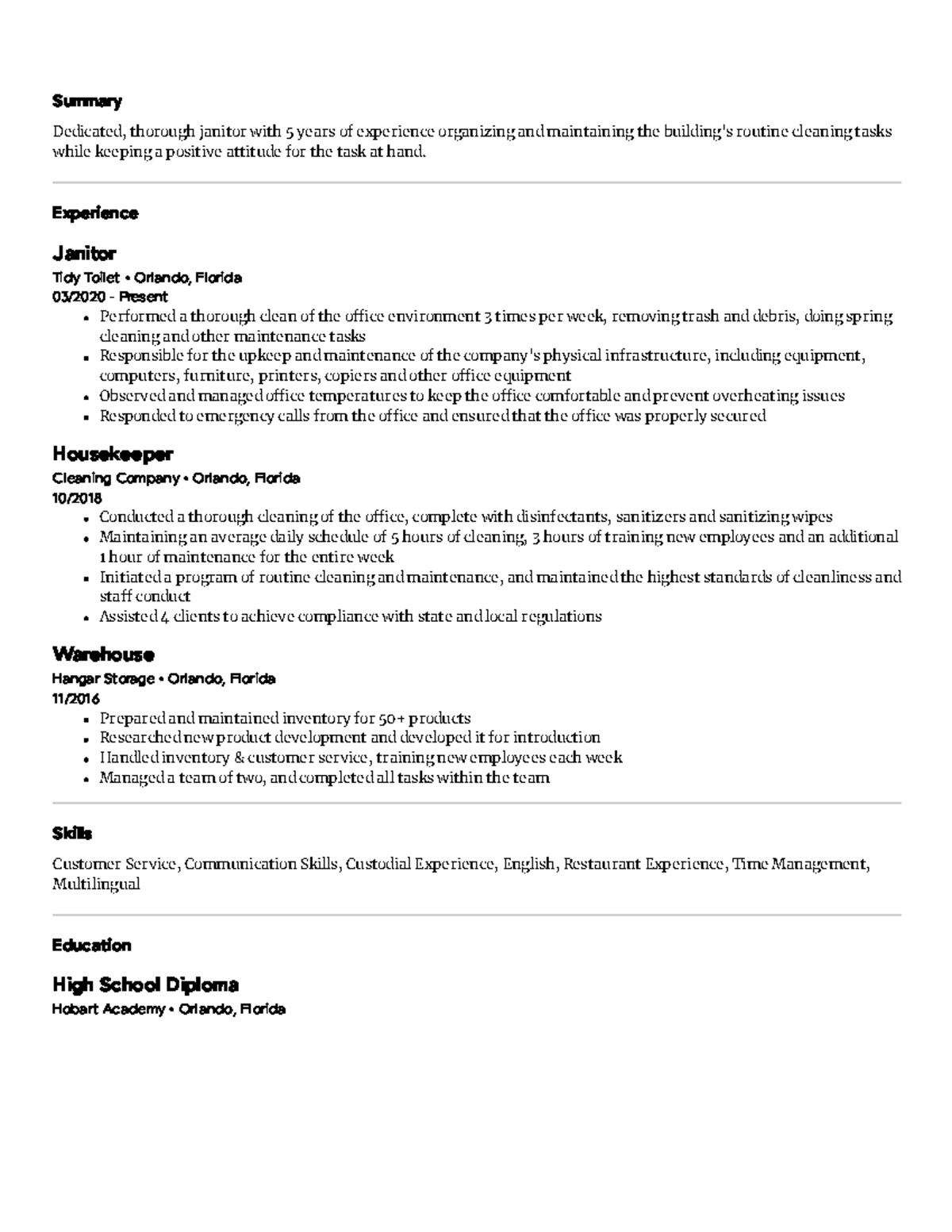 Janitor Resume Summary Dedicated - Thumb 1200 1553 
