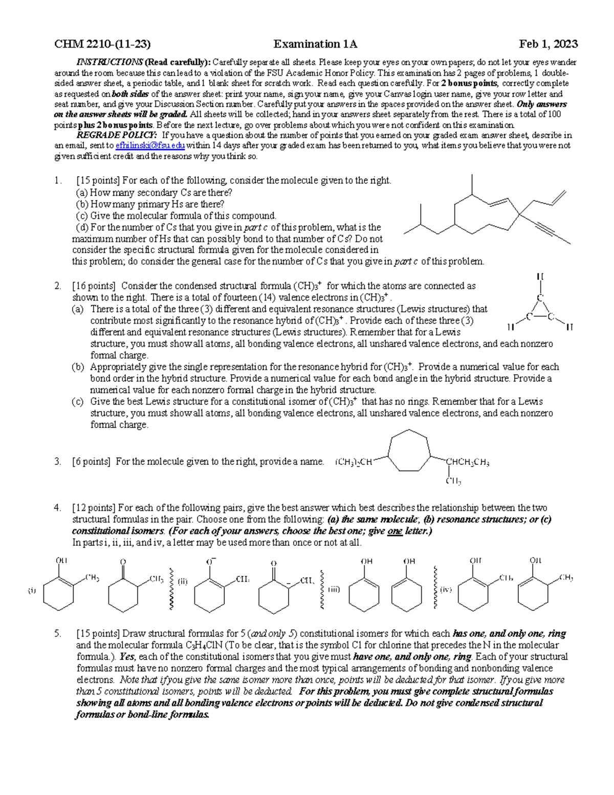 Exam1a Chm 2210 11 23 Spring 2023 Problems And Answers 230201 Chm 2210 11 23 Exam1a Chm 2210 11 23 Spring 2023 Problems And Answers 230201 Chm 2210 11 23