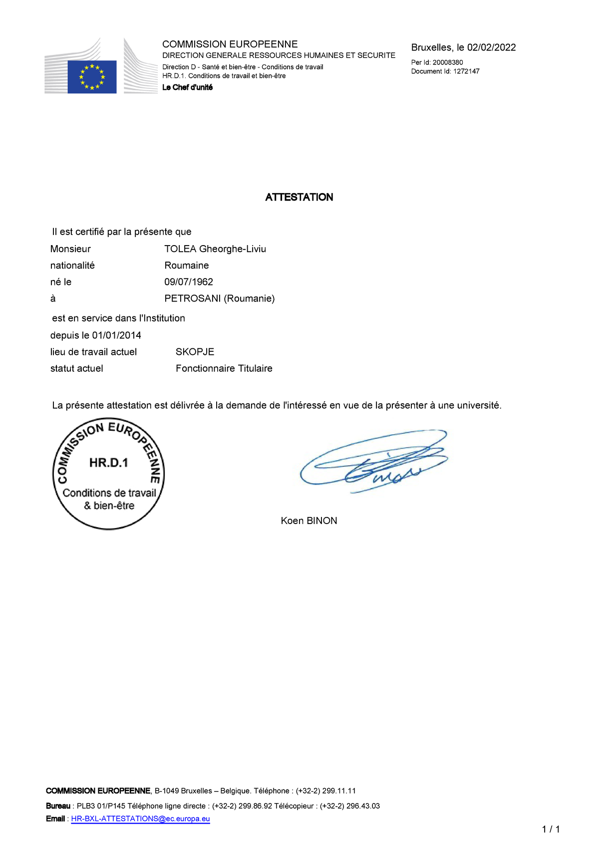 Certificate Of Service FR 1245 - COMMISSION EUROPEENNE, B-1049 ...