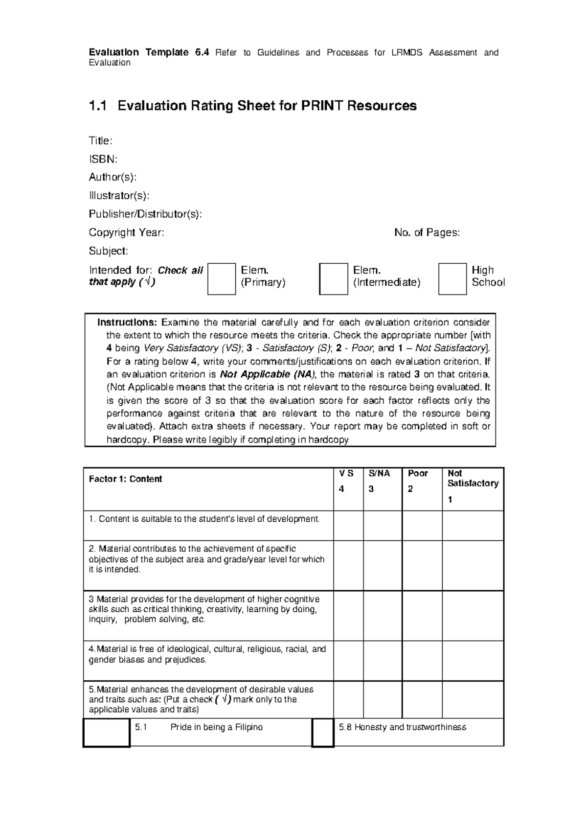 Evaluation Rating Sheet For Print Resources