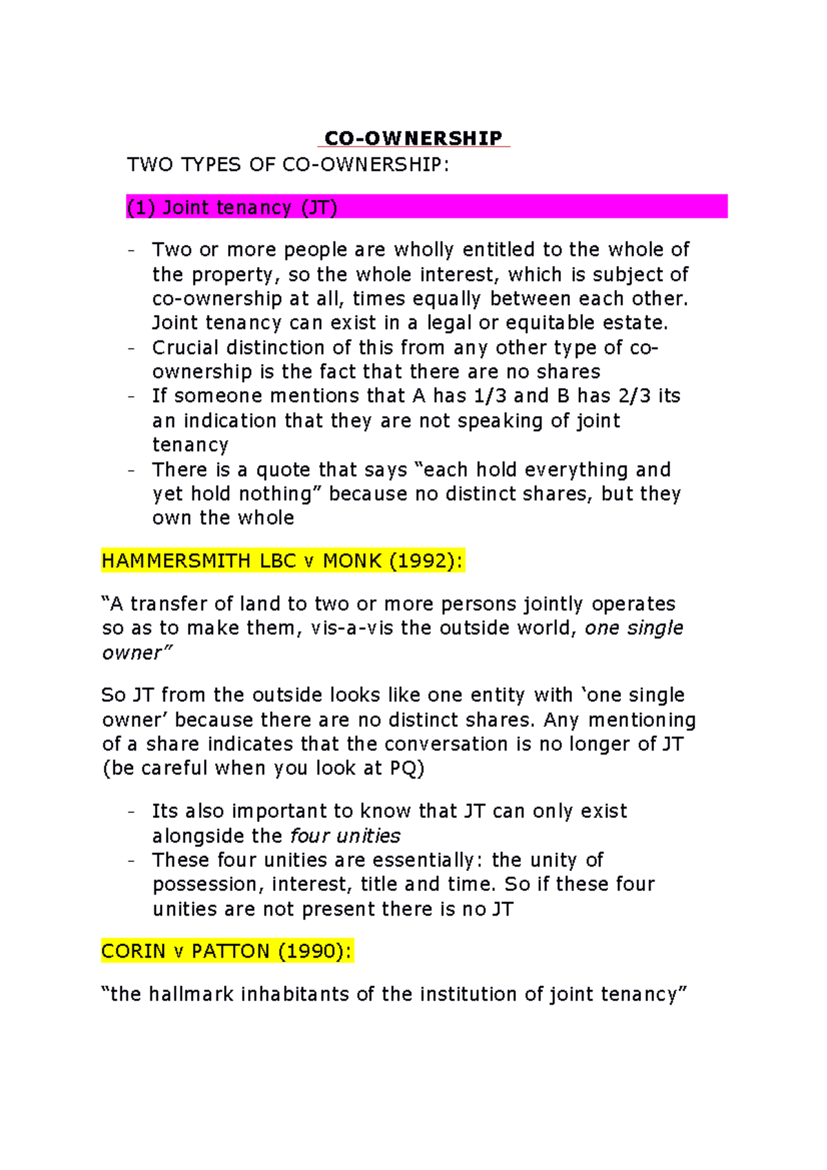 CO- Ownership Lecture Notes - CO-OWNERSHIP TWO TYPES OF CO-OWNERSHIP ...