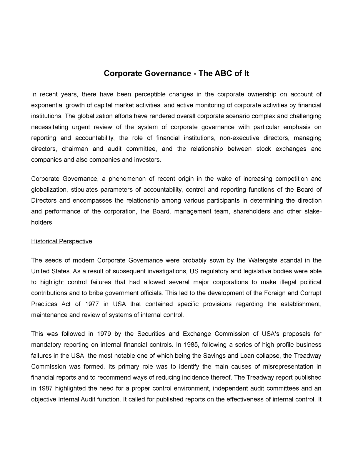 introduction about corporate governance essay