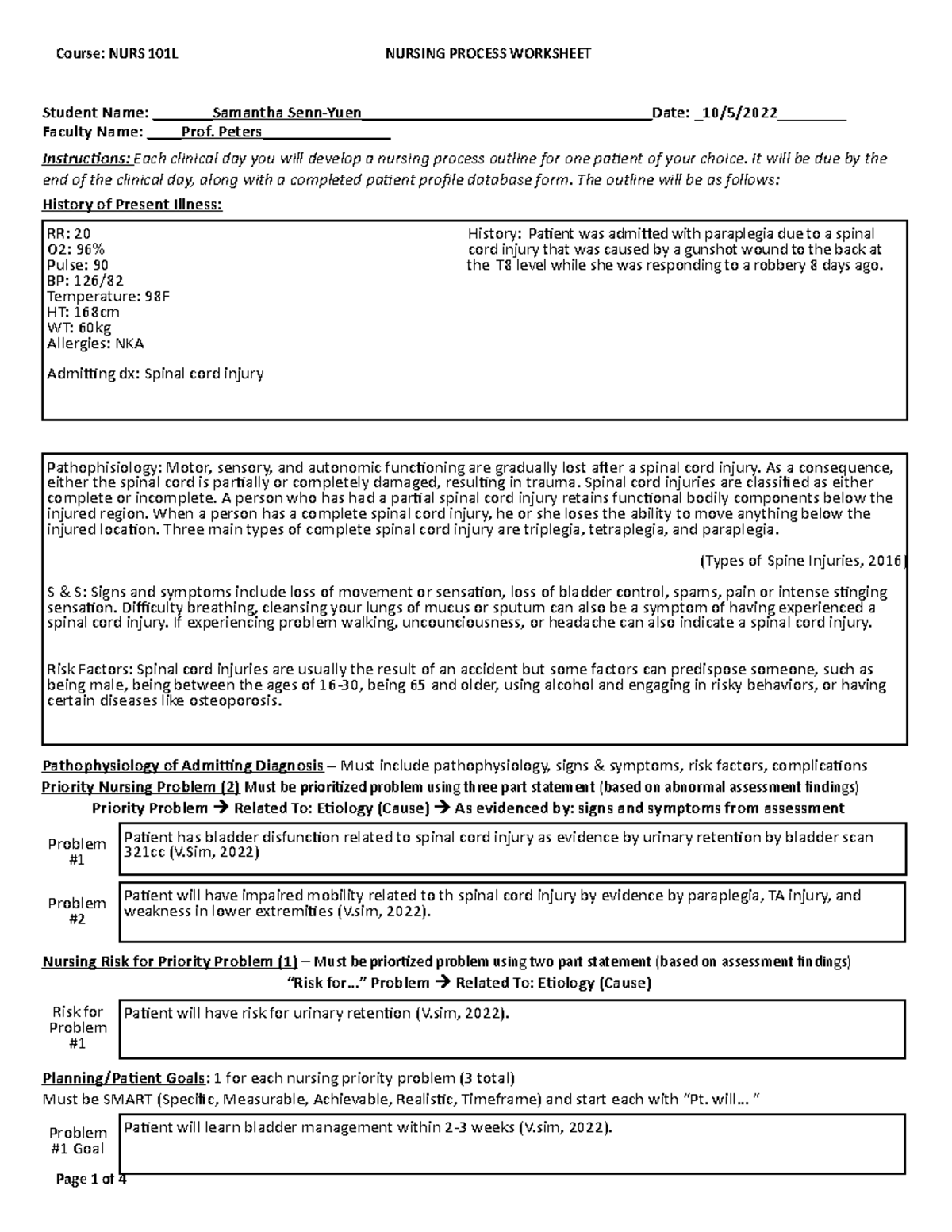 Kim johnson - nursing process worksheet - Student Name: Samantha - Studocu