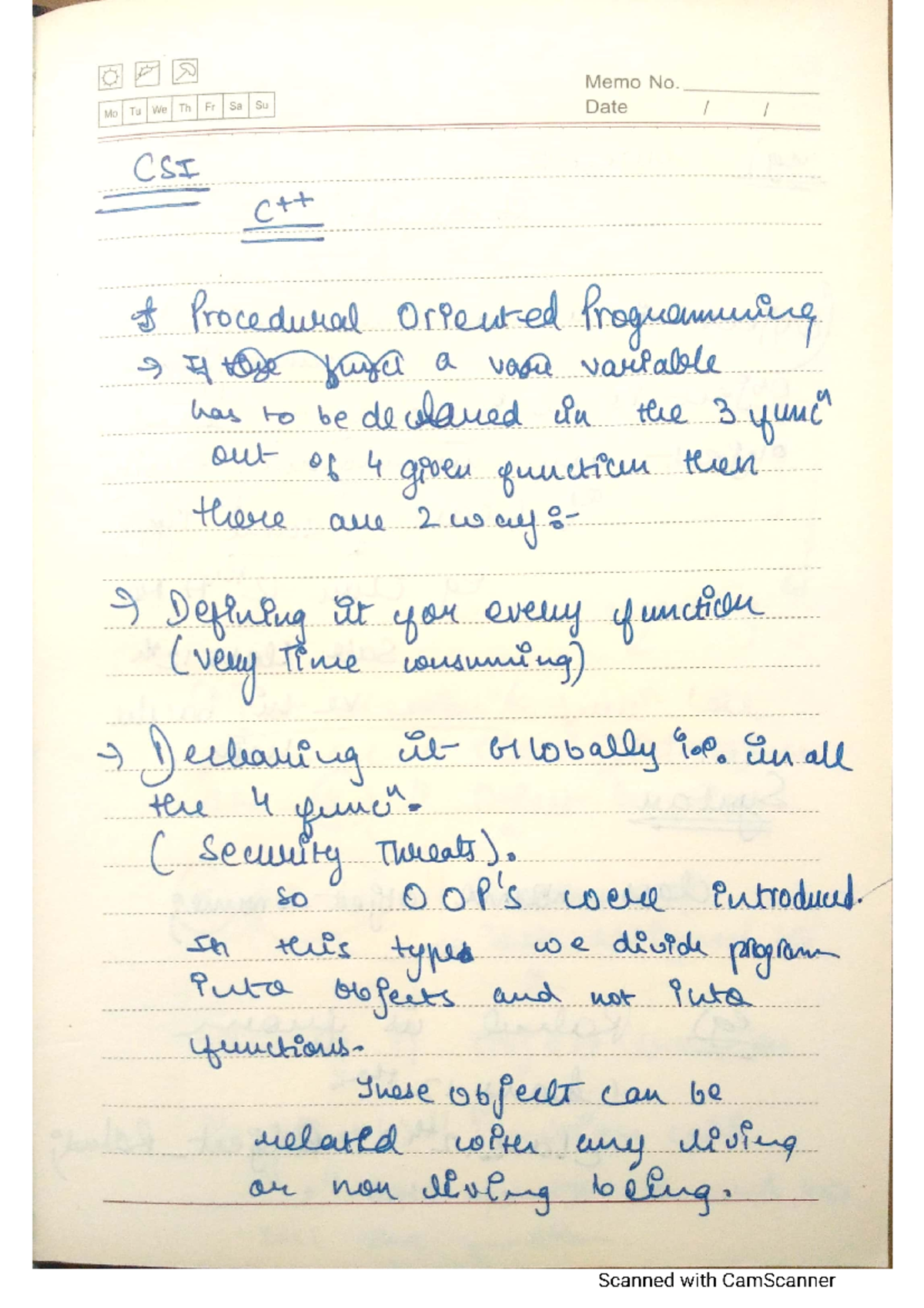 C++ handwritten notes ayush - a Memo No. Tu We Th Fr Sa Su Mo Date CSI ...
