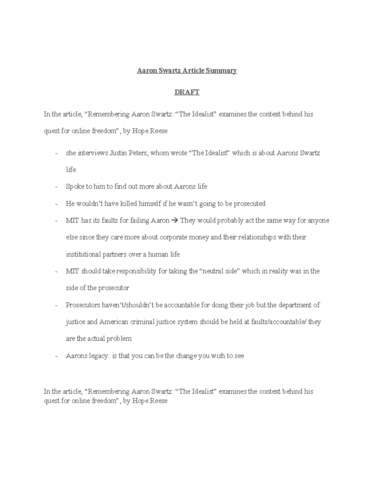 Aaron Swartz Article Summary - Aaron Swartz Article Summary DRAFT In ...