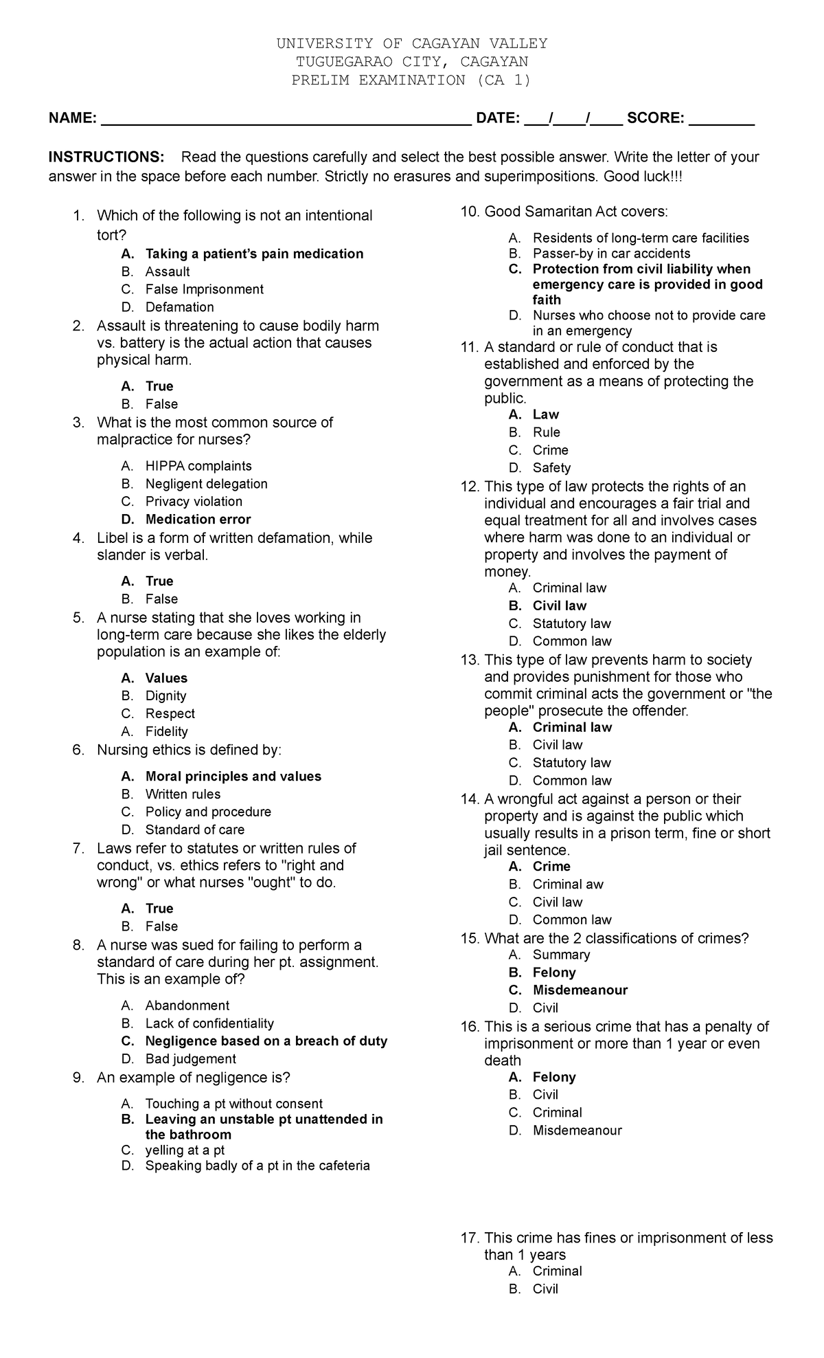 Prelim CA 1 Answer KEY - TUGUEGARAO CITY, CAGAYAN PRELIM EXAMINATION ...