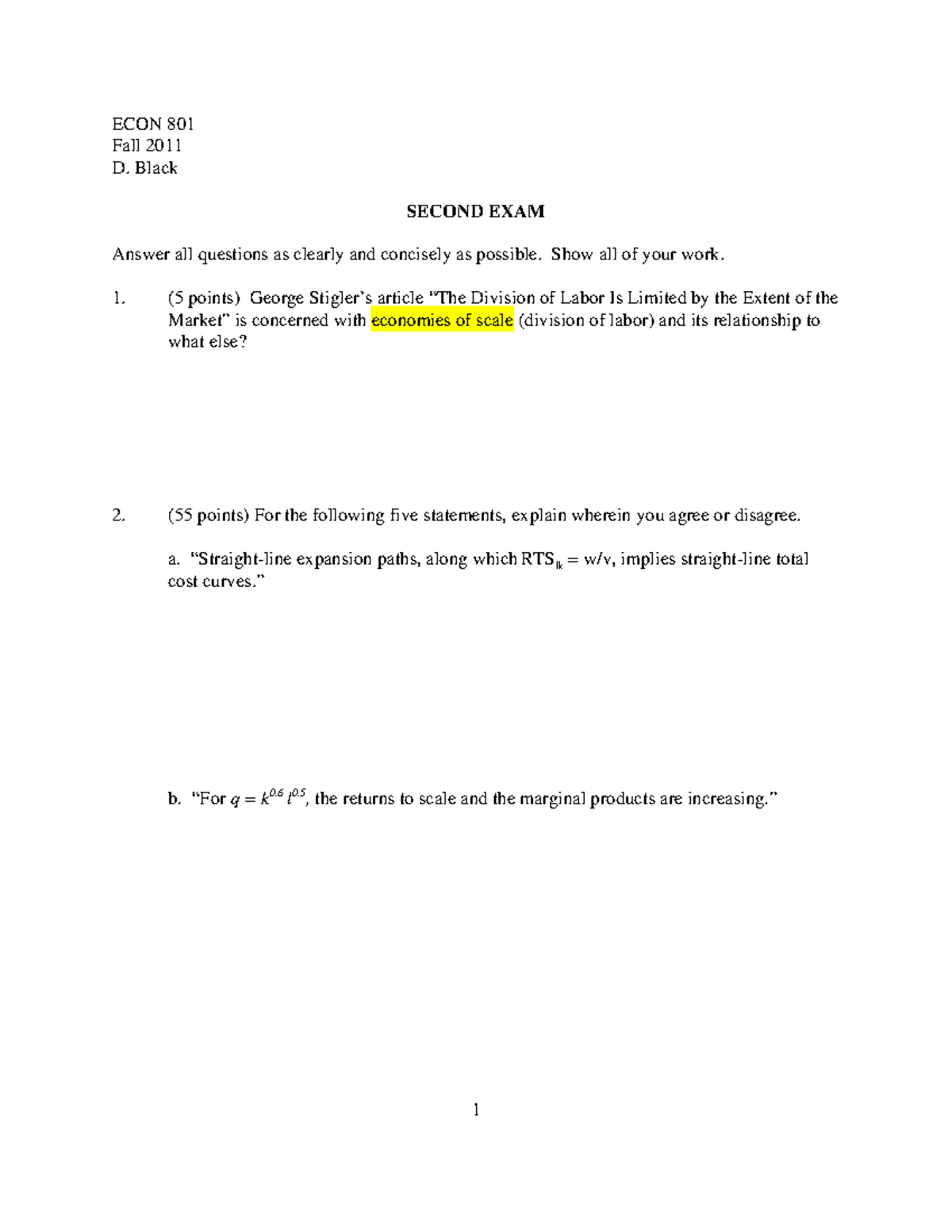 ECON801Test+two+801f11 - ECON 801 Fall 2011 D. Black SECOND EXAM Answer ...