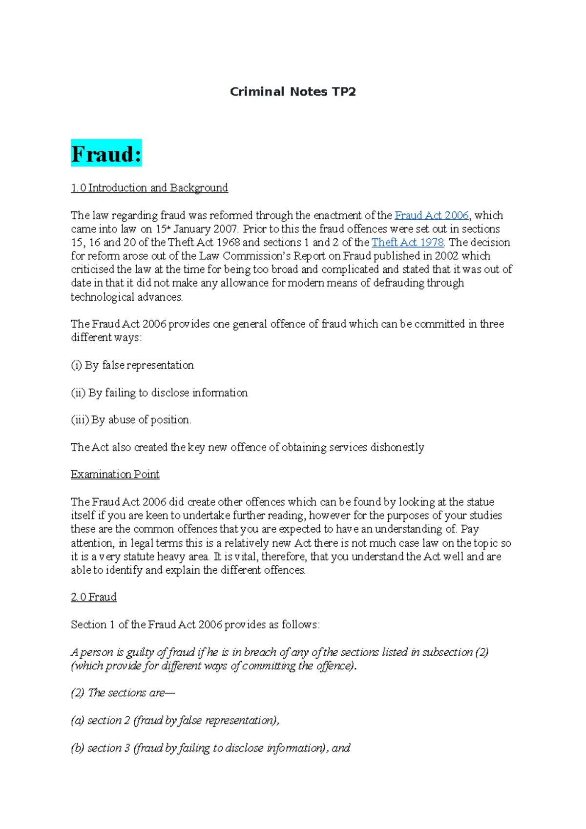 Criminal notes tp2 - Criminal Notes TP Fraud: 1 Introduction and ...