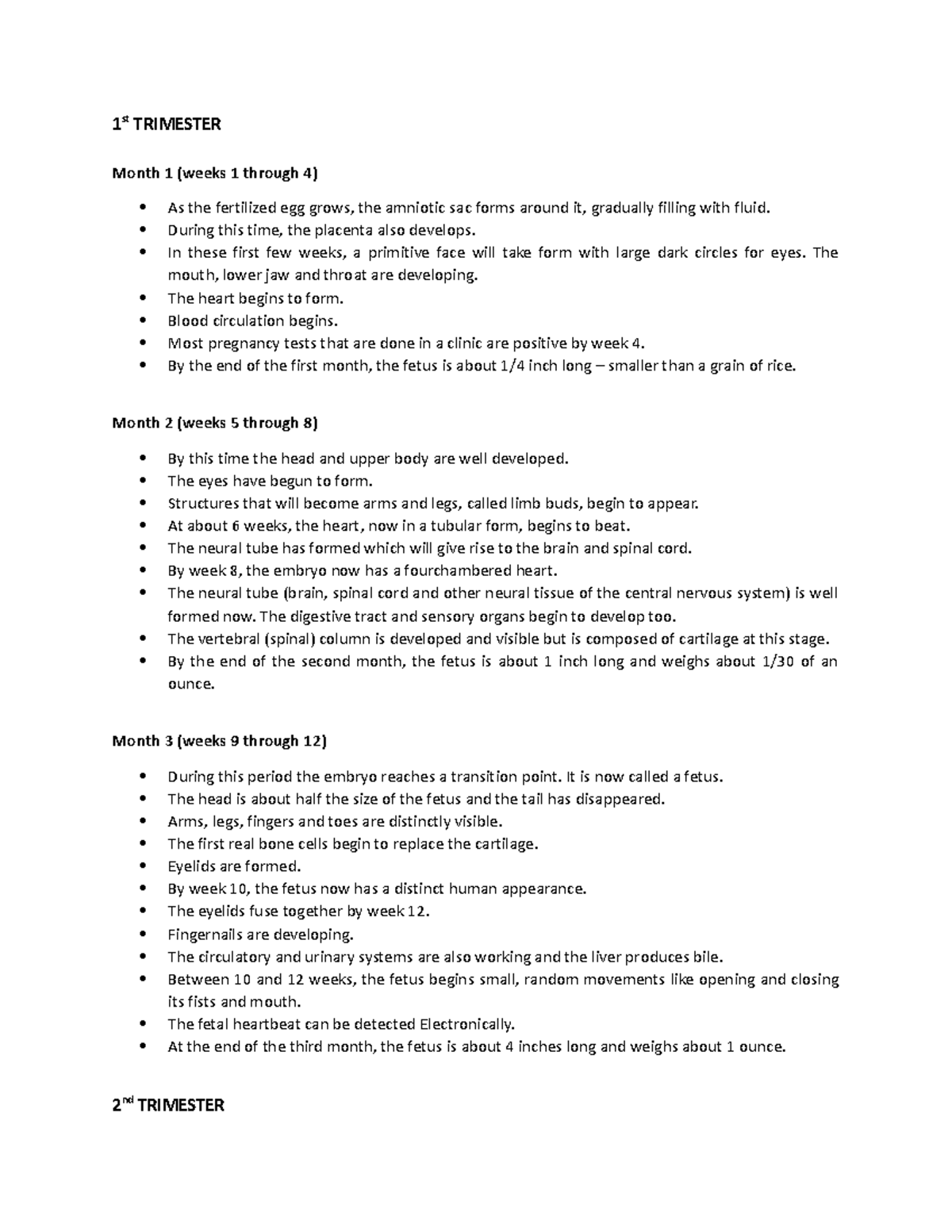 Maternal - first to third trimester - 1 st TRIMESTER Month 1 (weeks 1 ...