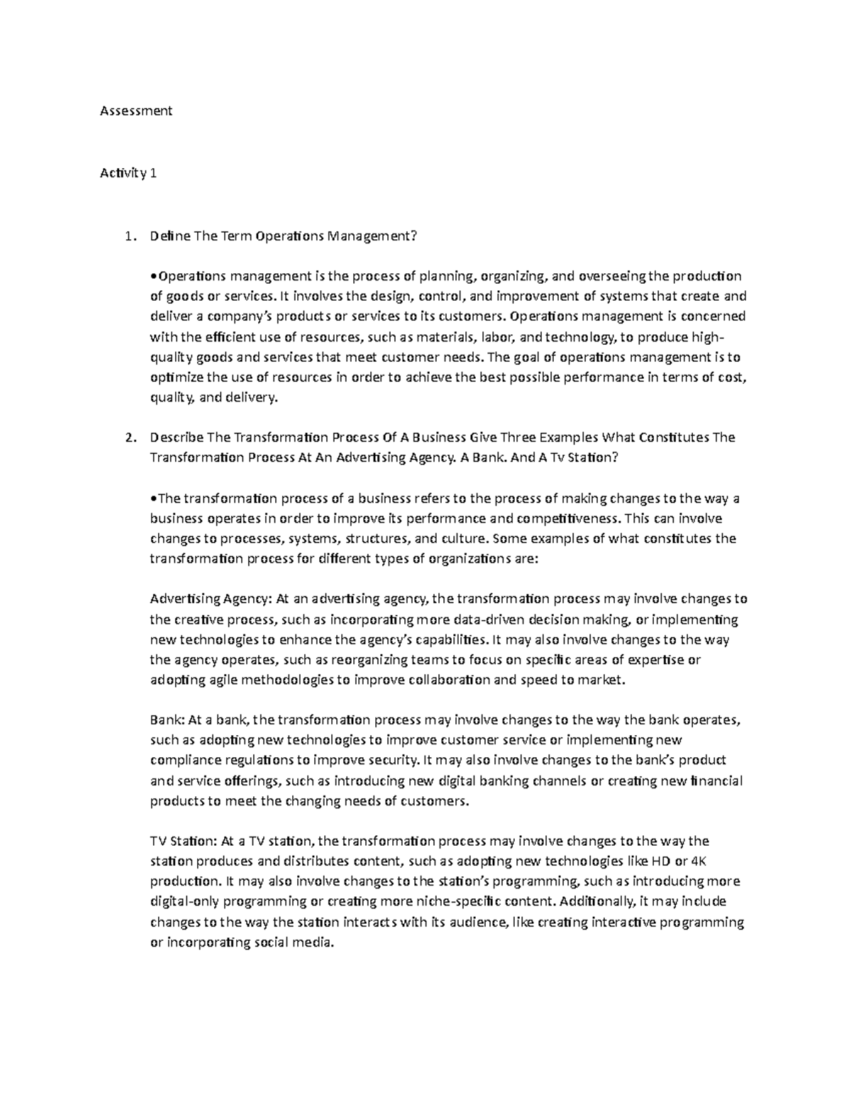 Omchapter 1 Answers - Operation management essay - Assessment Activity ...