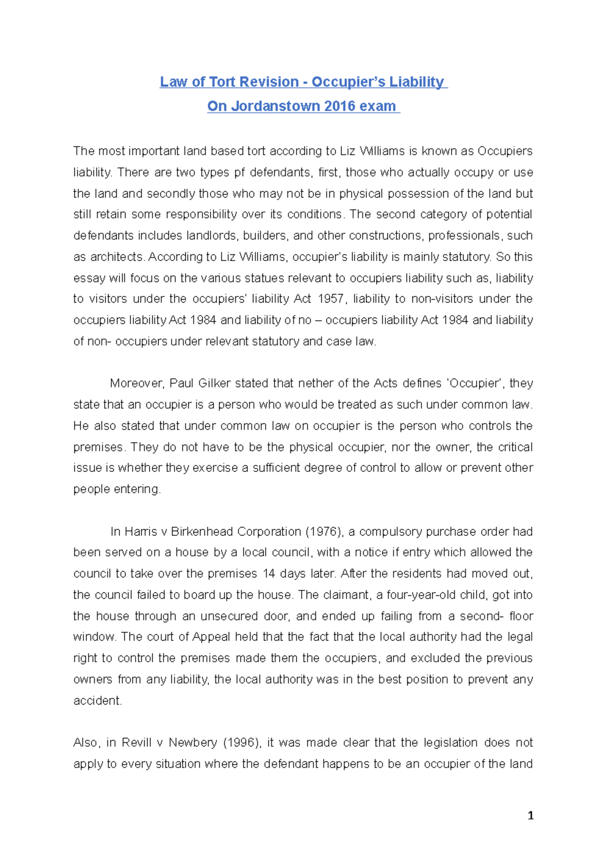 Exam 7 May 2015, questions and answers - Law of Tort Revision ...