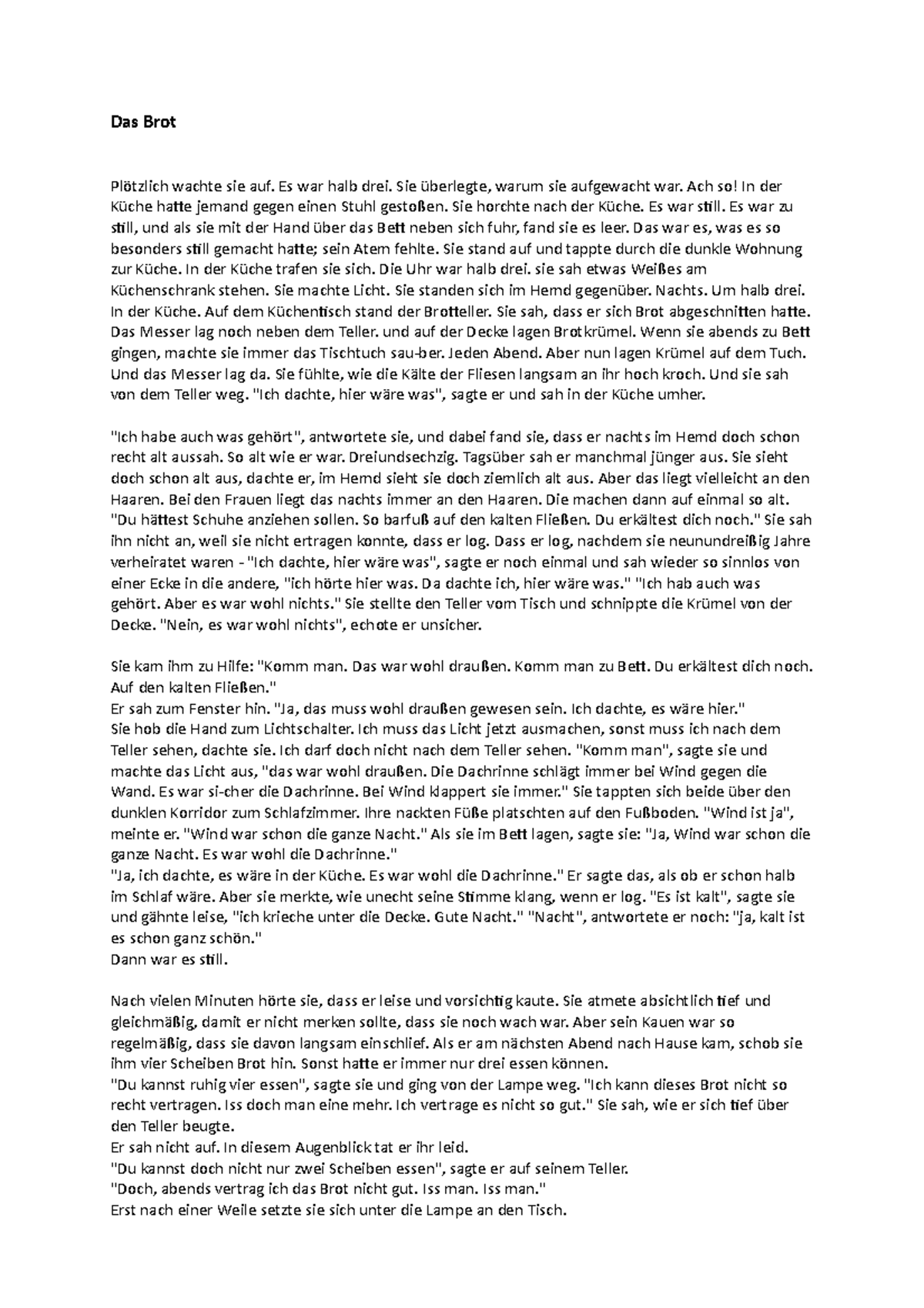 Das Brot Wolfgang Borchert Text Kurzgeschichte 1 + Aufgaben - Das Brot -Borchert - Das Brot Plötzlich