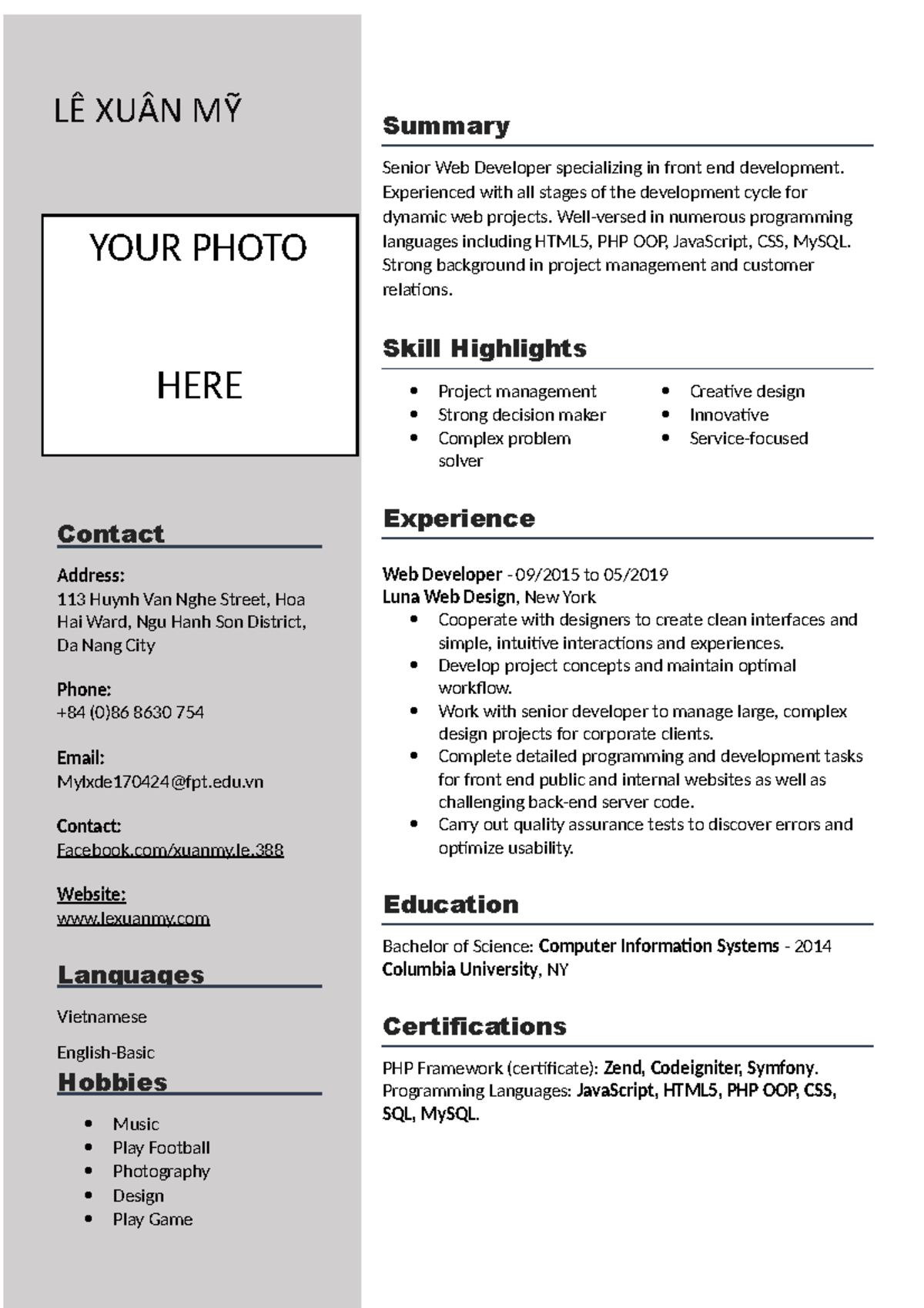 Sample CV - cv - LÊ XUÂN MỸỸ YOUR PHOTO Summary Senior Web Developer ...