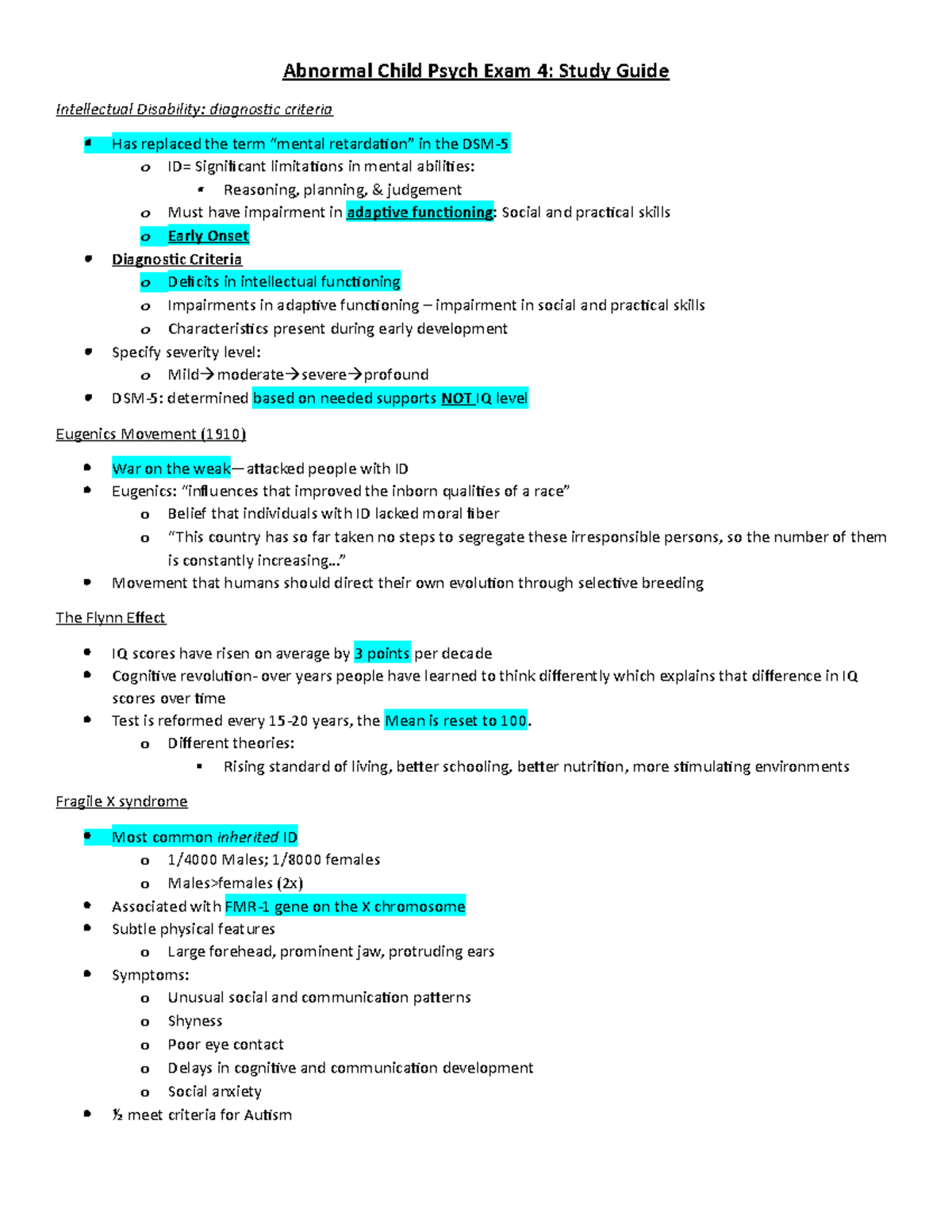 Exam 4 Study Guide - Abnormal Child Psych Exam 4: Study Guide ...