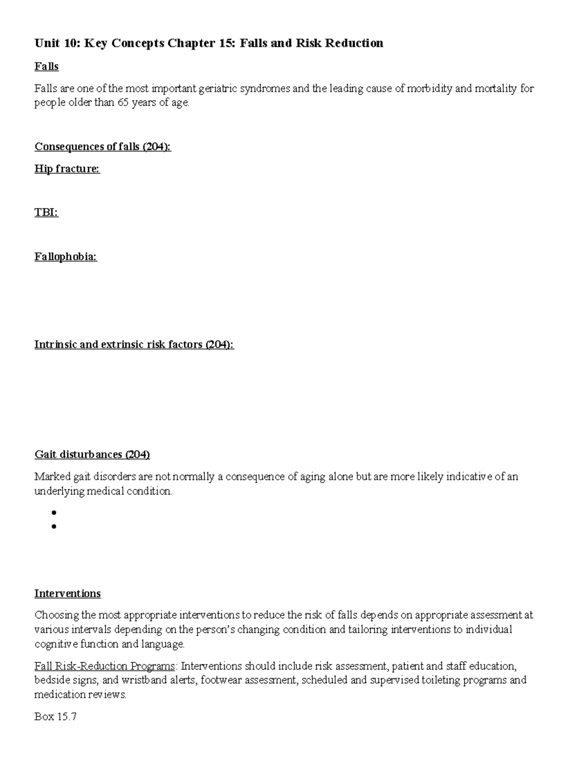 Unit 10 Key Concepts Chapter 15 Falls And Risk Reduction - Unit 10: Key 