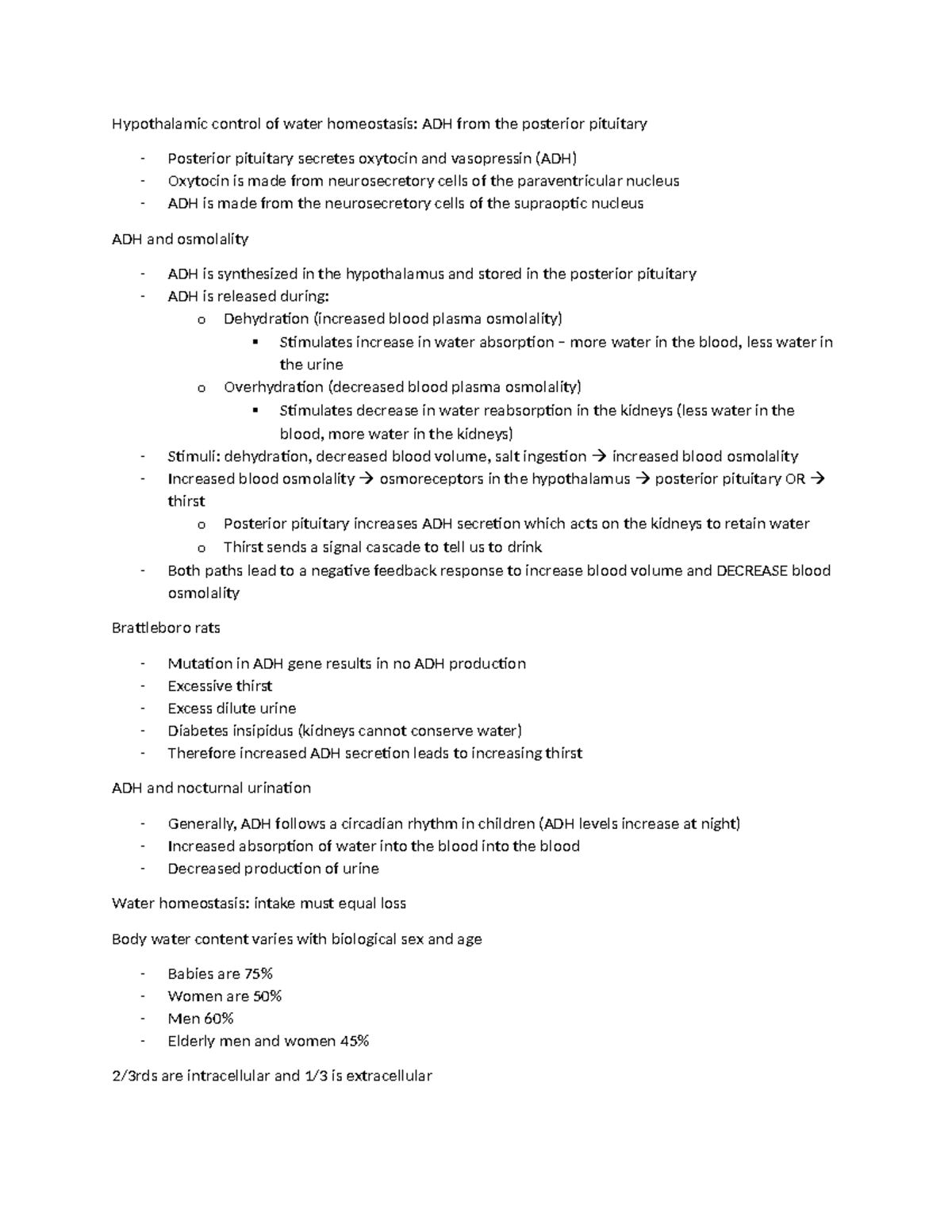 Renal system notes - Hypothalamic control of water homeostasis: ADH ...