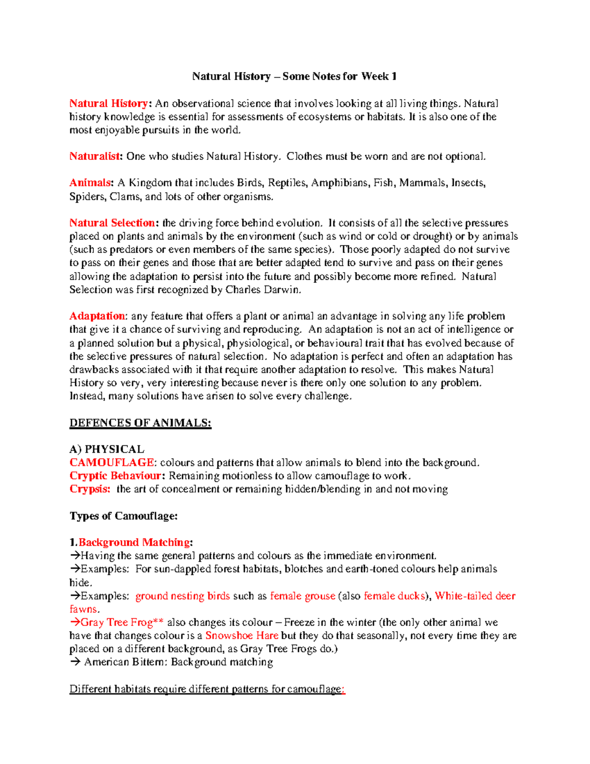 Natural History Week 1 - Natural History Some Notes for Week 1 Natural ...