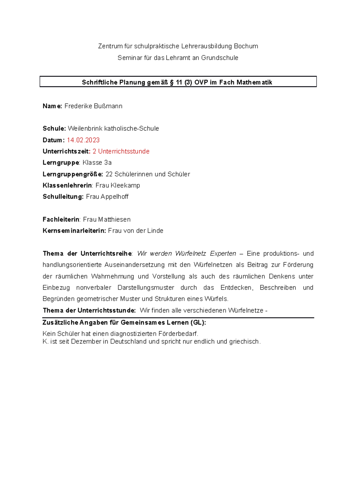 Unterrichtsplaung Würfelnetz - Zentrum für schulpraktische