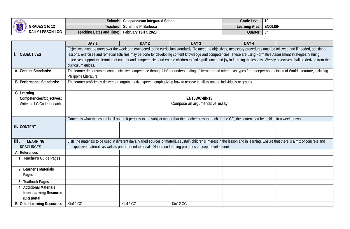 Week 1 - week 1 - GRADES 1 to 12 DAILY LESSON LOG School: Calapandayan ...