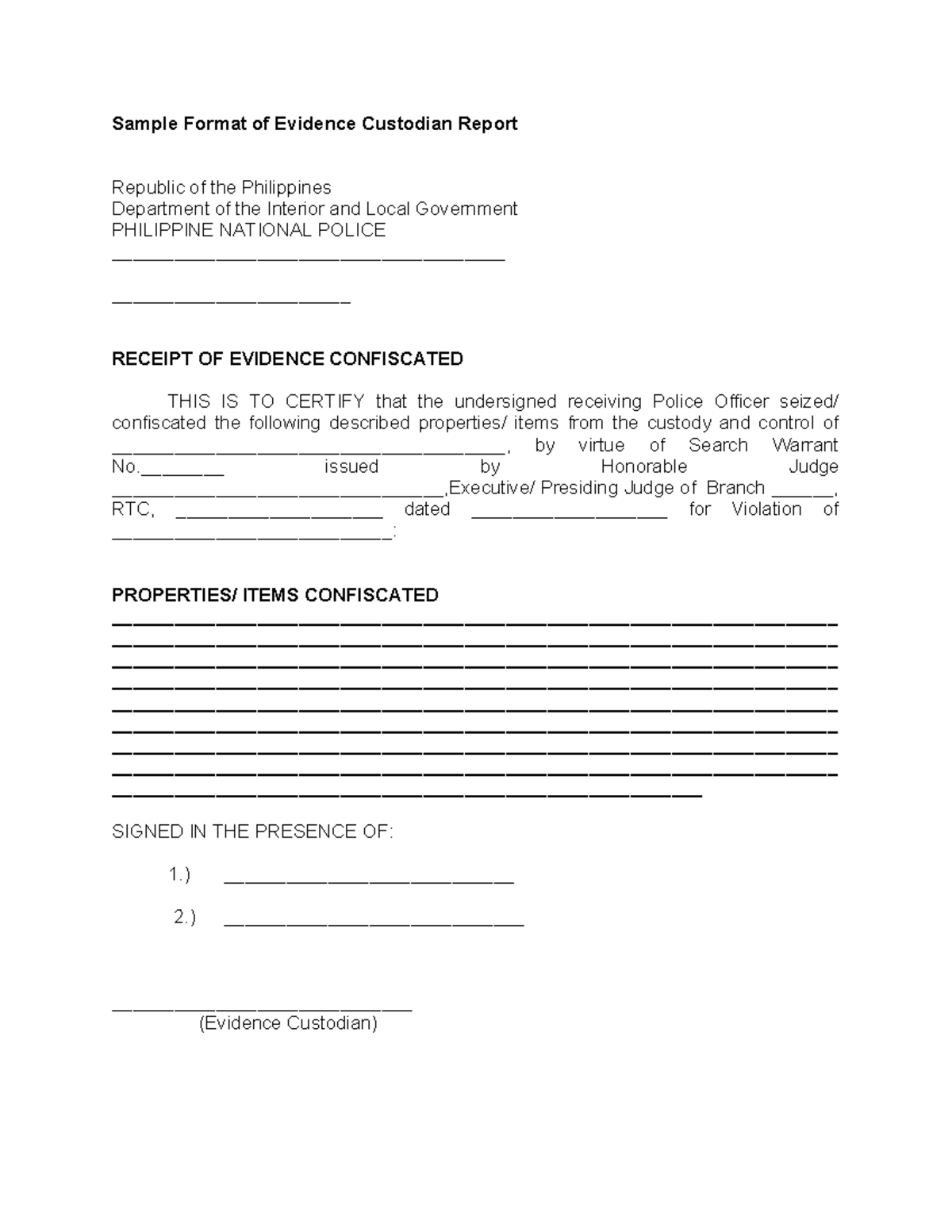 Sample Format of Evidence Custodian Report - issued by Honorable Judge ...