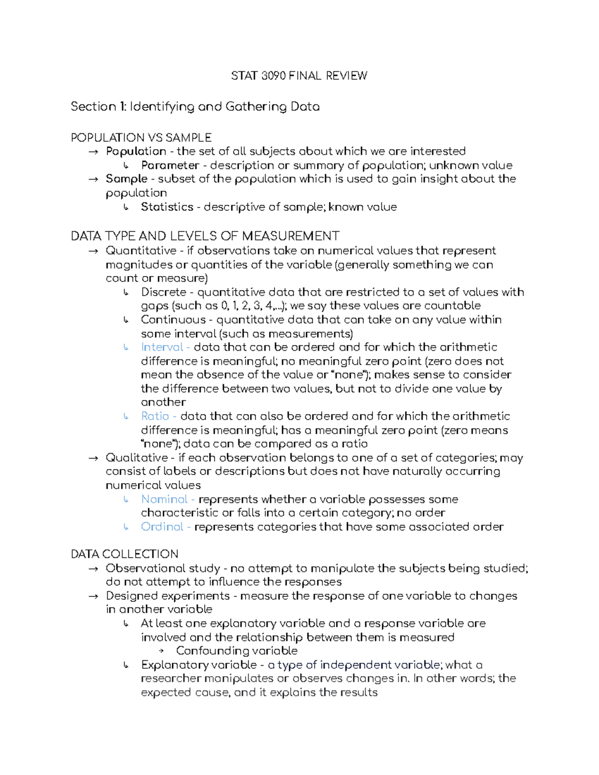 STAT 3090 Final STAT 3090 FINAL REVIEW Section 1 Identifying and