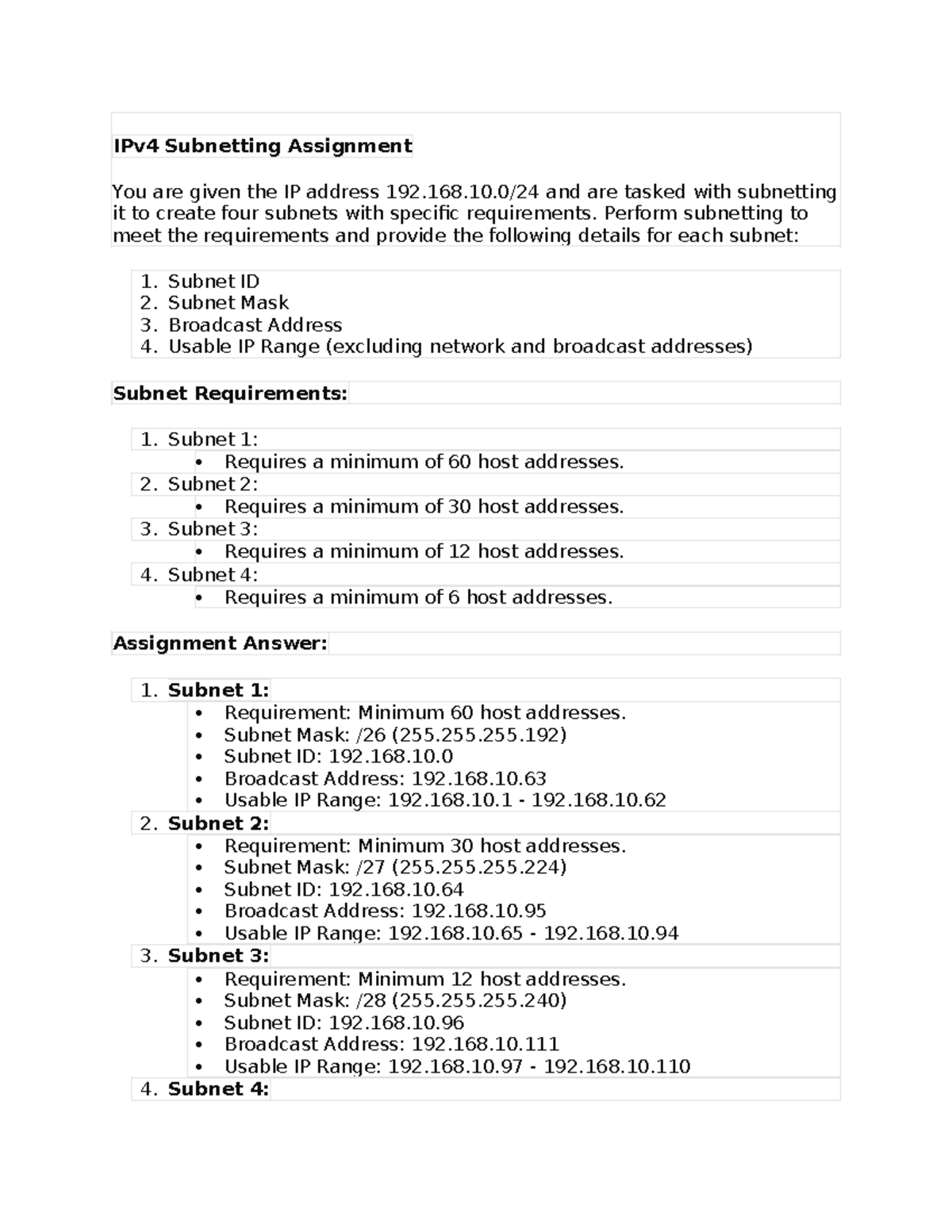 IPv4 Subnetting Assignment - 168.10/24 and are tasked with subnetting ...