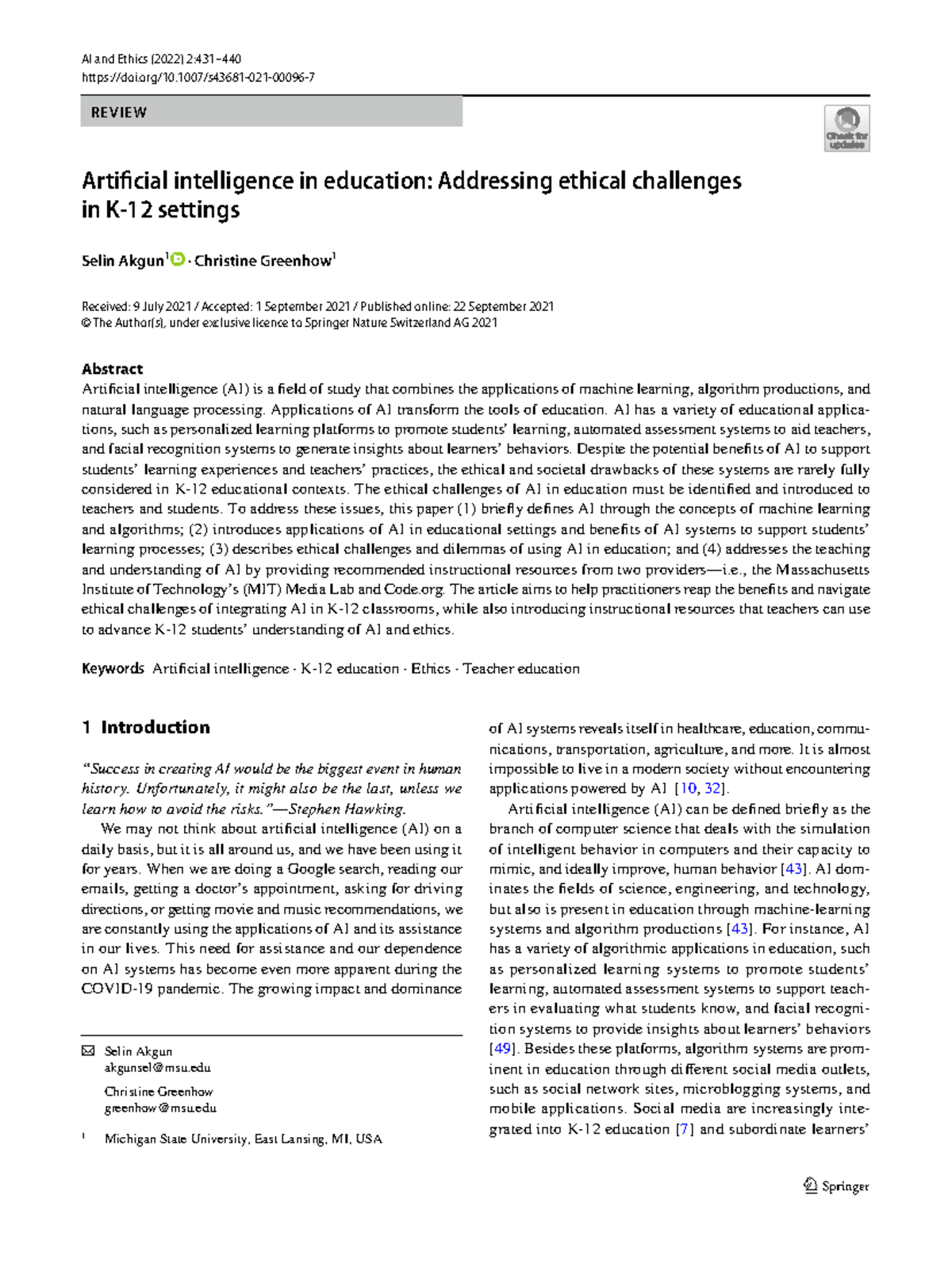 Artifcial intelligence in education Addressing ethical challenges in K ...