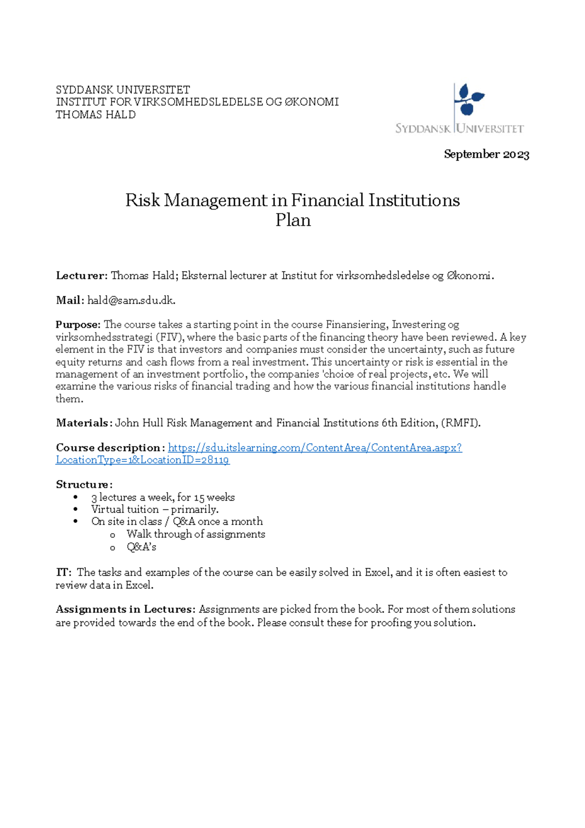 Plan for Finansiel Risikostyring - E2023 - SYDDANSK UNIVERSITET ...