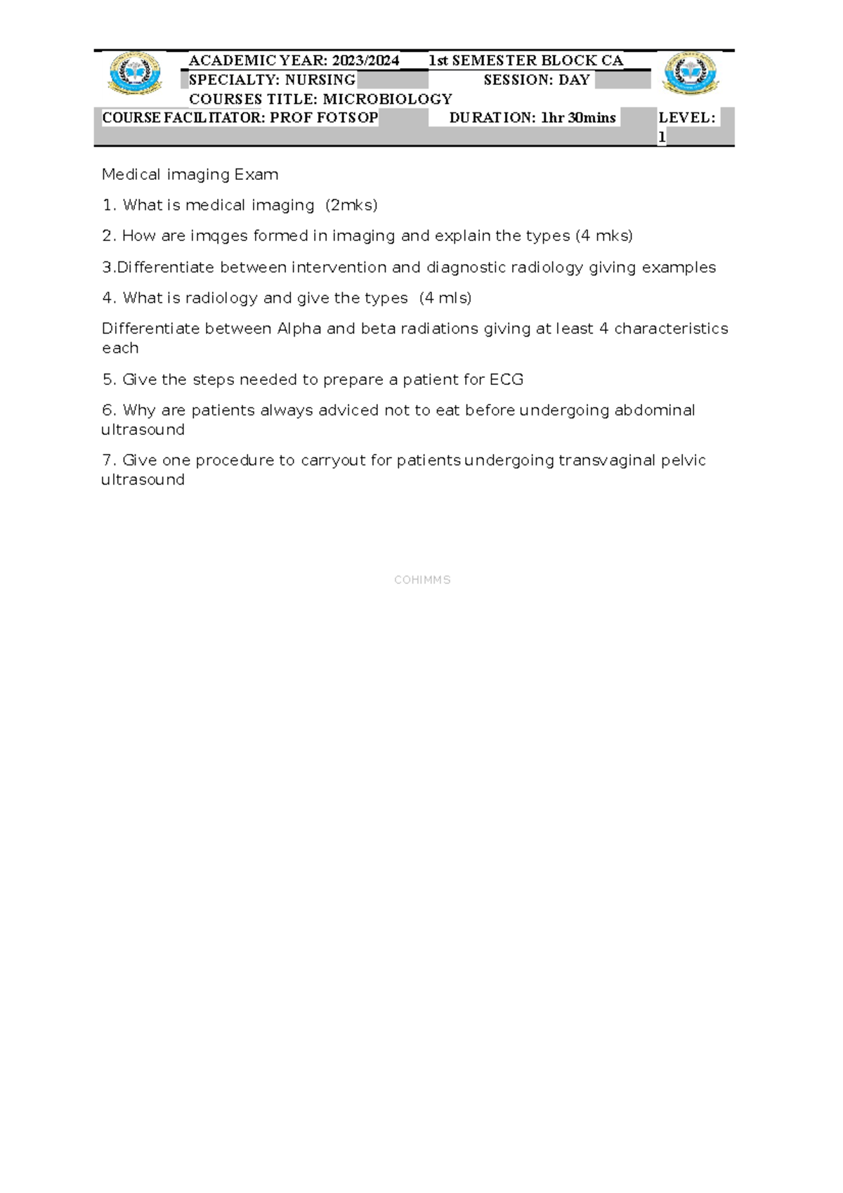 Medical imaging exam ACADEMIC YEAR 2023/2024 1st SEMESTER BLOCK CA