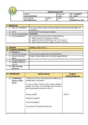 Mathematics 10 Week2 Day 3-4 - Detailed Lesson Plan Teacher: LEVI R ...