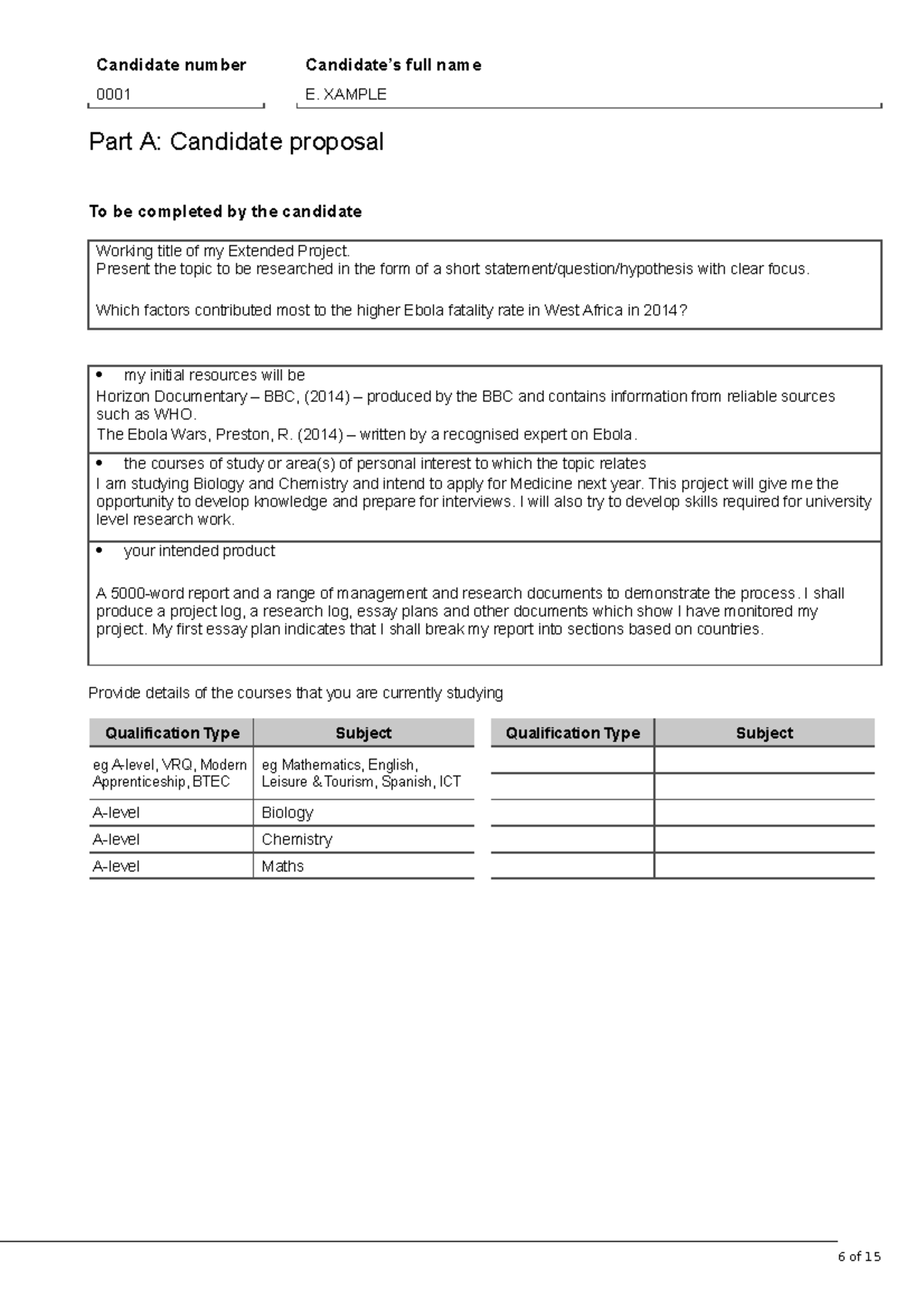 Part A Candidate Proposal Example Candidate Number Candidate s Full 