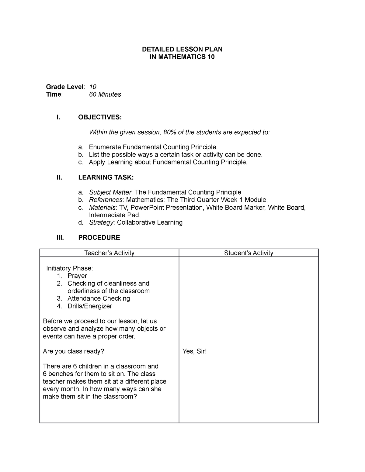 The Fundamental Counting Principles DETAILED LESSON PLAN IN 