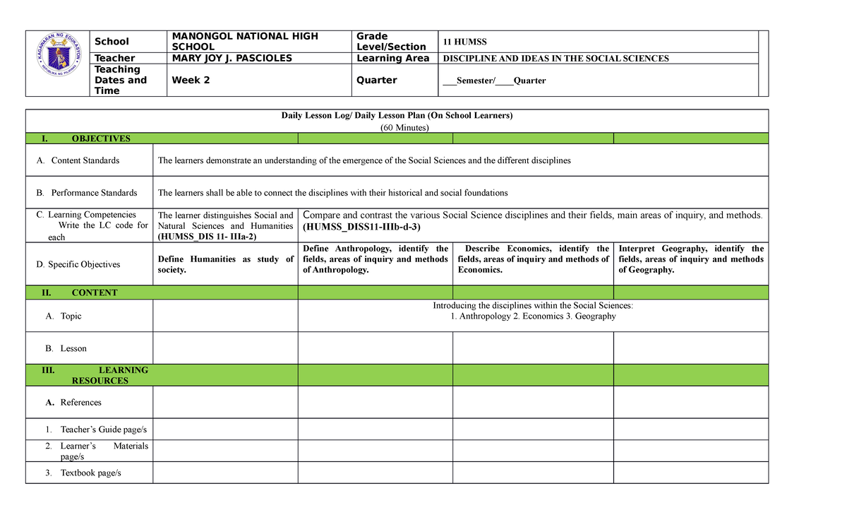 WEEK 3 - mjp - School MANONGOL NATIONAL HIGHSCHOOL GradeLevel/Section ...