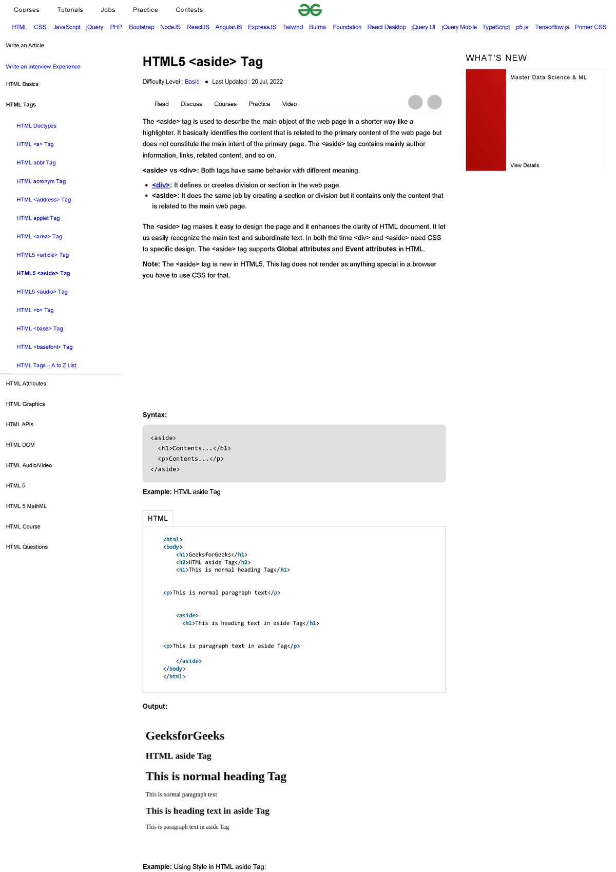 Html5 Aside Tag - Geeksforgeeks - HTML CSS JavaScript JQuery PHP ...