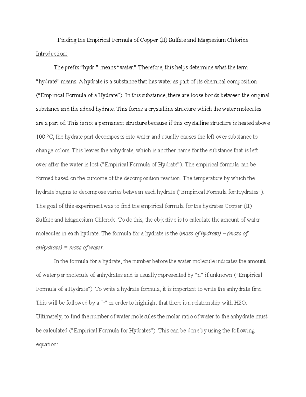 Lab 4 CHE 111 - Lab for reference for CHE 111 - Finding the Empirical ...