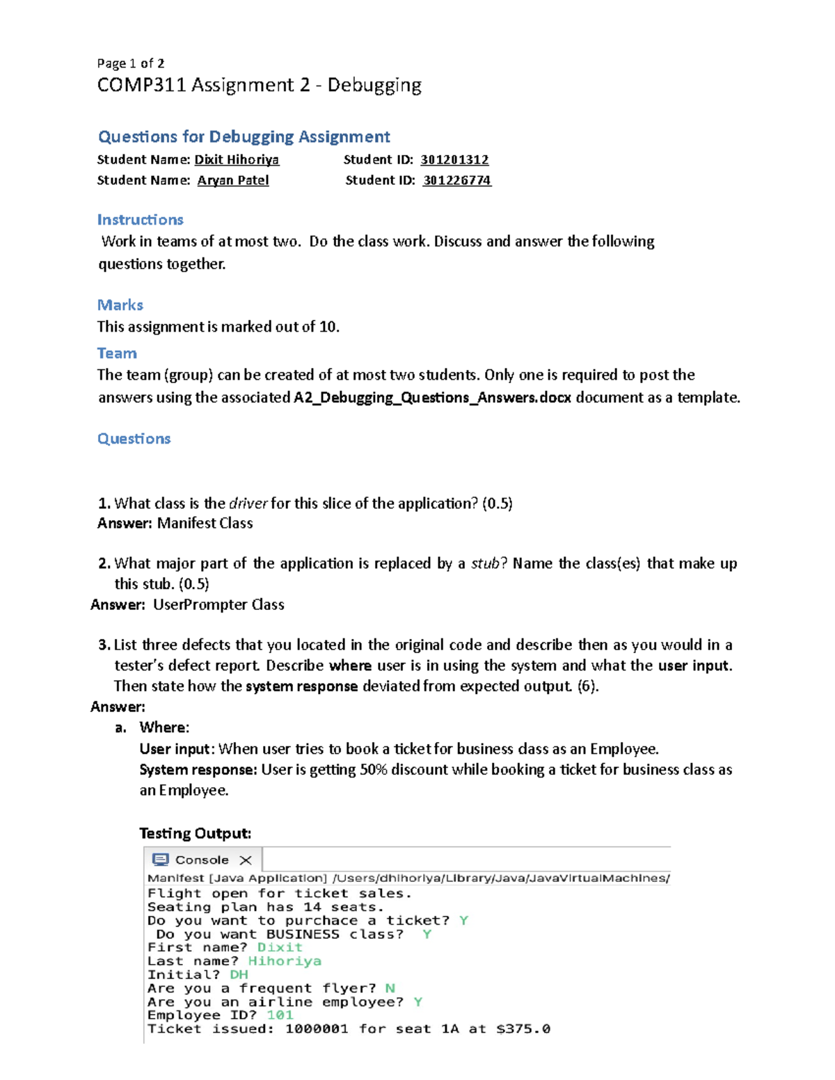 A2-Debugging Questions Answers - COMP311 Assignment 2 - Debugging Ques ...