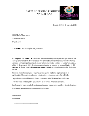 Despido por justa causa - CARTA DE DESPIDO JUSTIFICADO APOMAT  Bogotá D,  26 de mayo de 2021 - Studocu