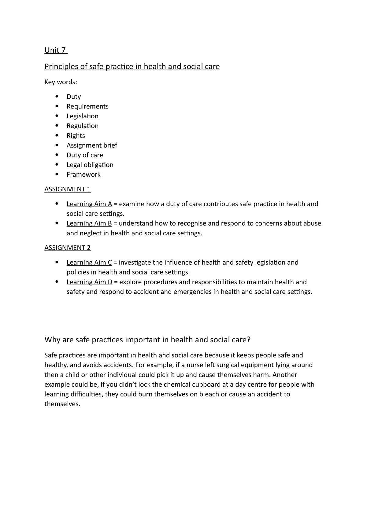 health and social care unit 7 assignment brief