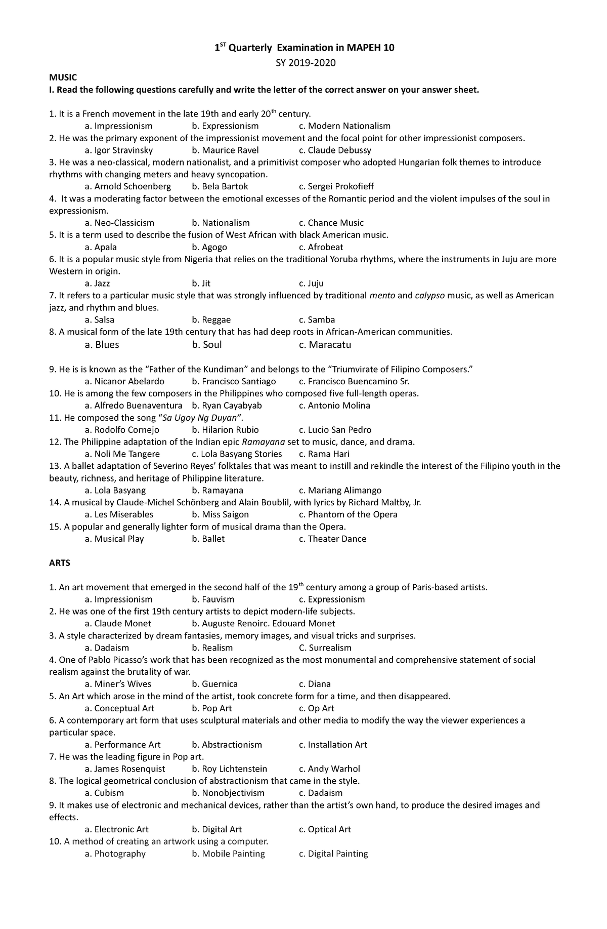 1st Periodic Test - mapeh 10 - 1 ST Quarterly Examination in MAPEH 10 ...