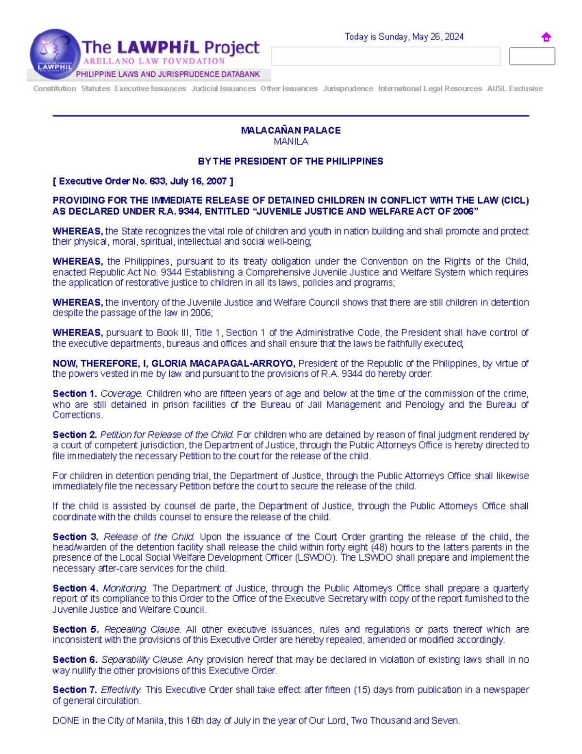 Executive Order No. 633 Constitution Statutes Executive Issuances