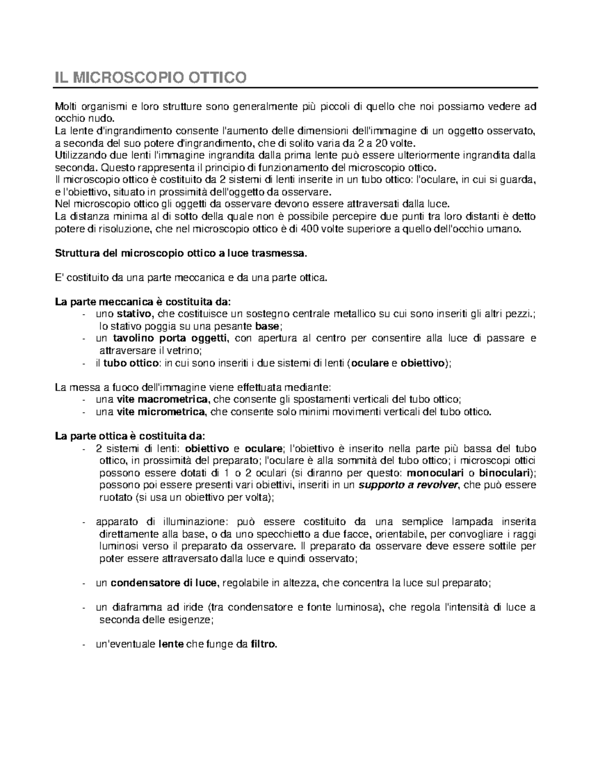 Riassunto microscopio ottico pt2 - IL MICROSCOPIO OTTICO Molti ...
