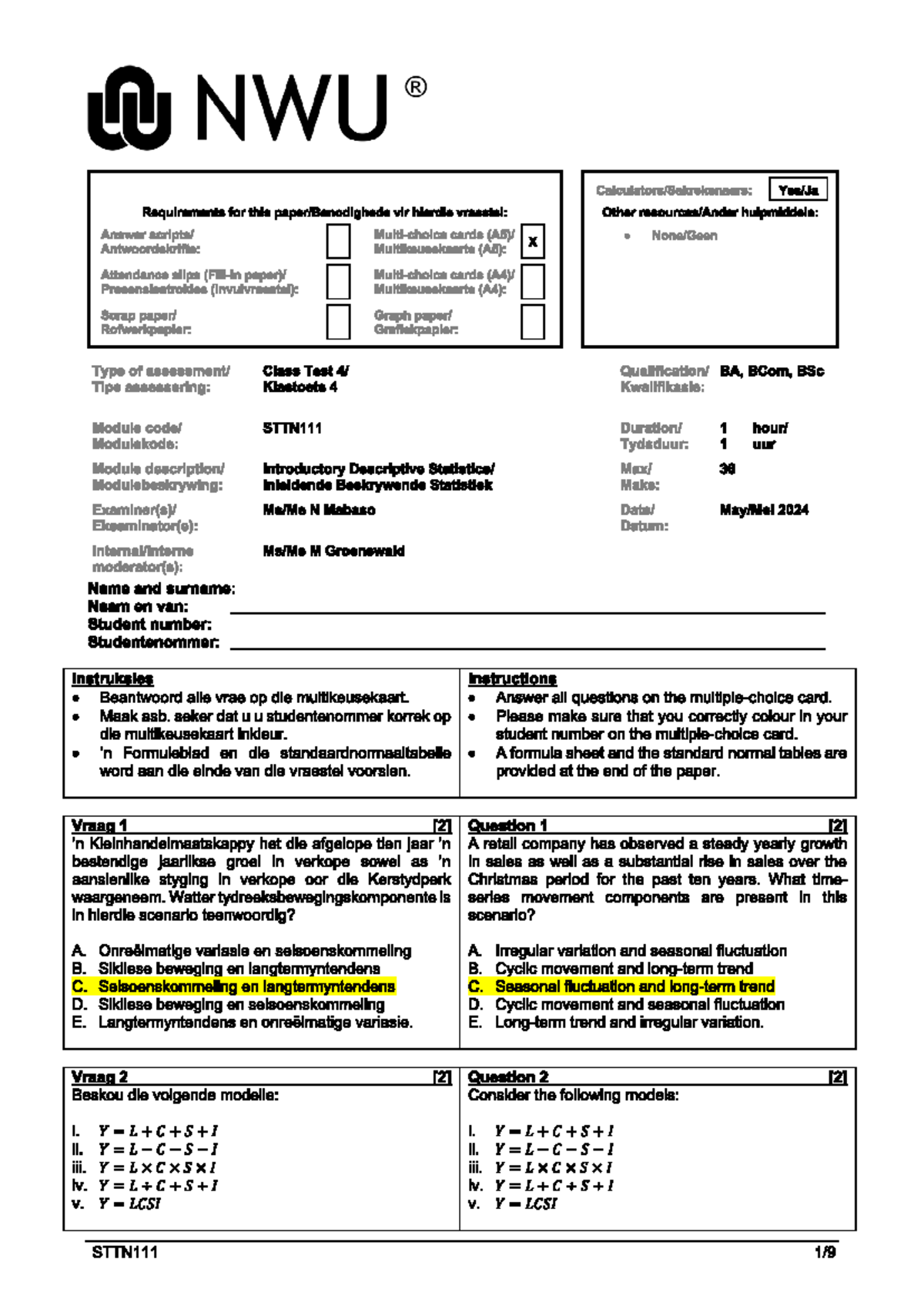 Class Test 4 MEMO - STTN111 - Studocu