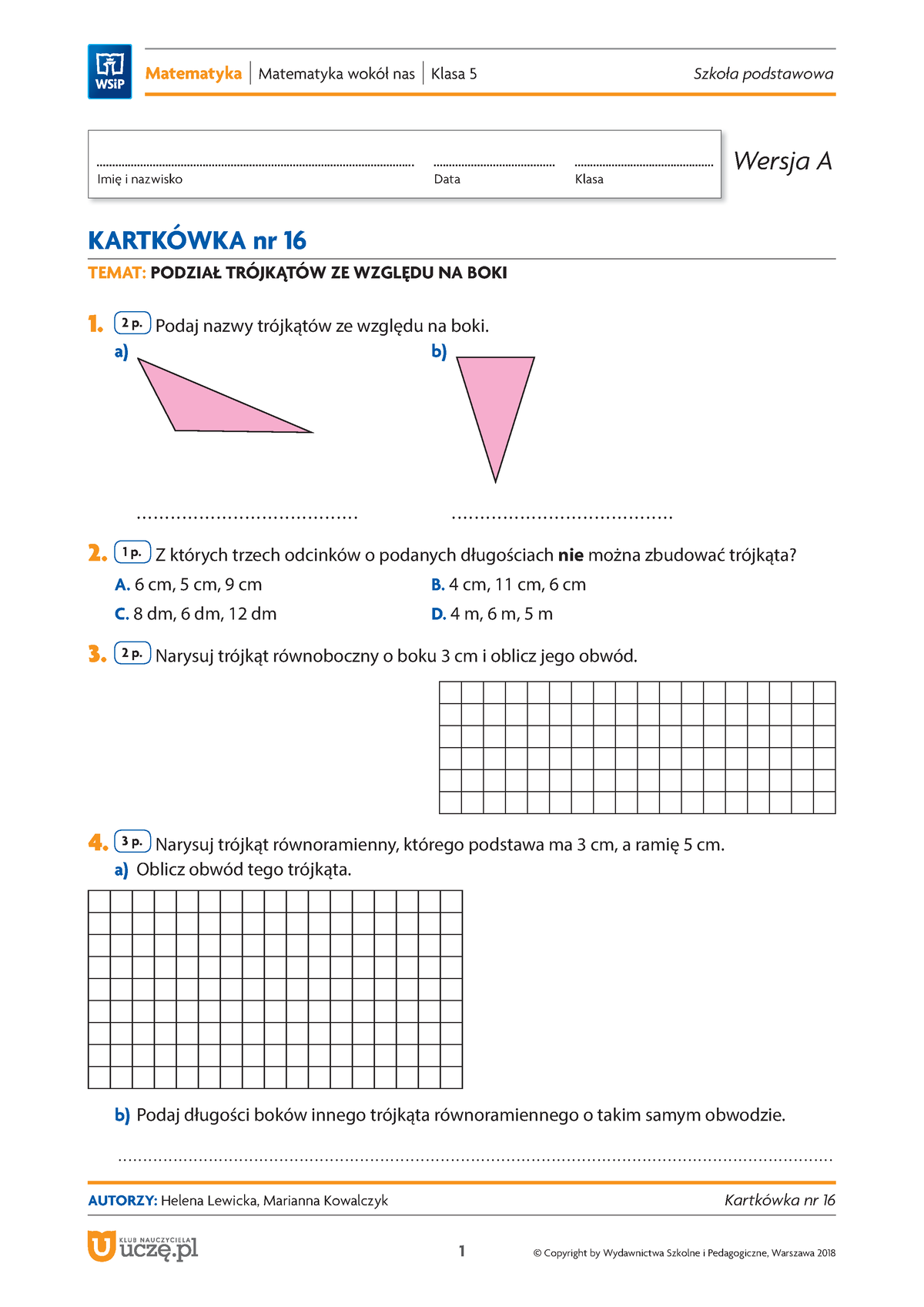 Mat SP 4 8 Mw N Kl 5 Kartkowka 16 Podzial Trojkatow Boki - Imię I ...