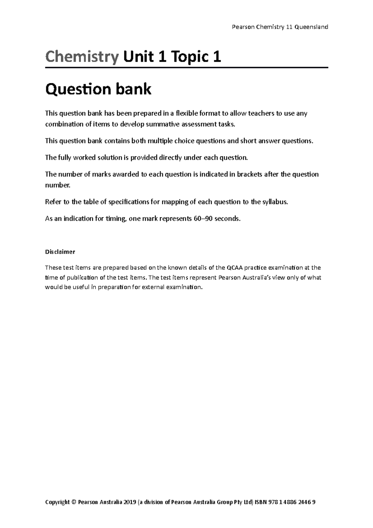 Pearson Chemistry 11 Queensland Chemistry Unit 1 Topic 1 Question Bank ...