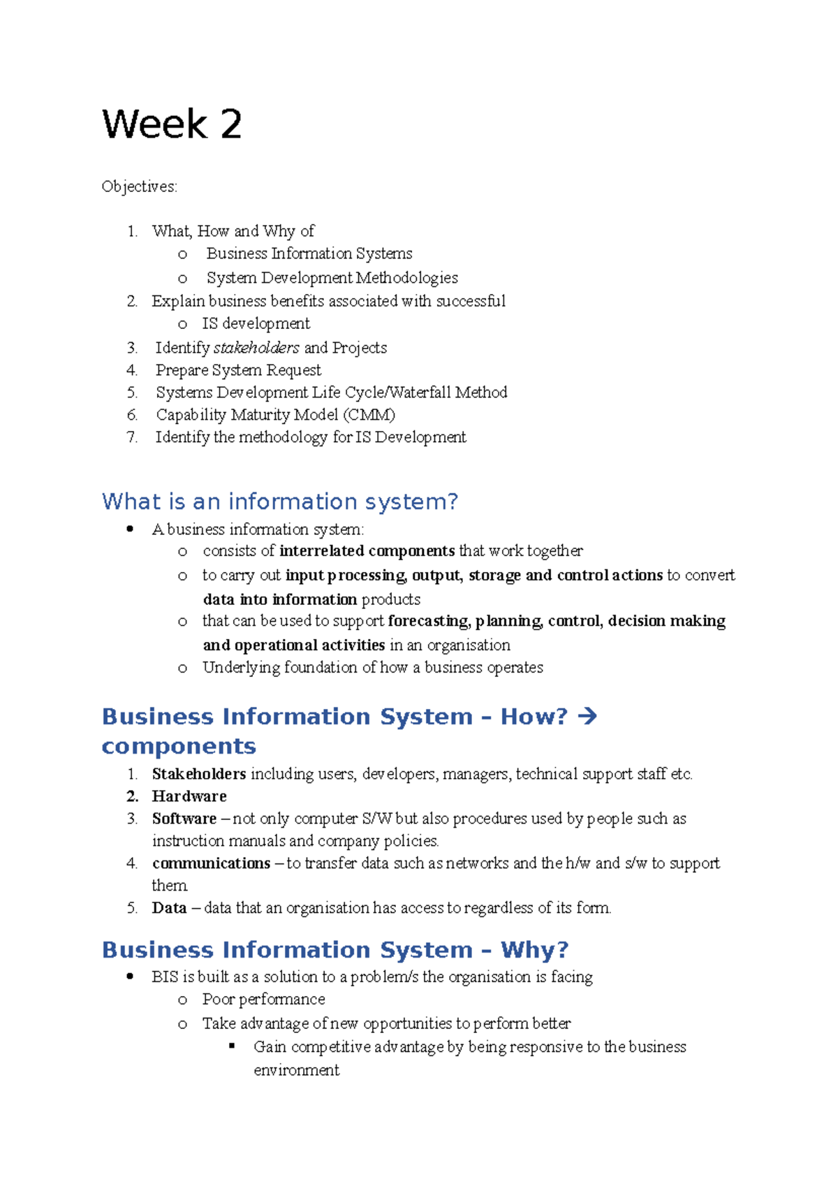 Information System Development Methodologies (Notes) Week 2