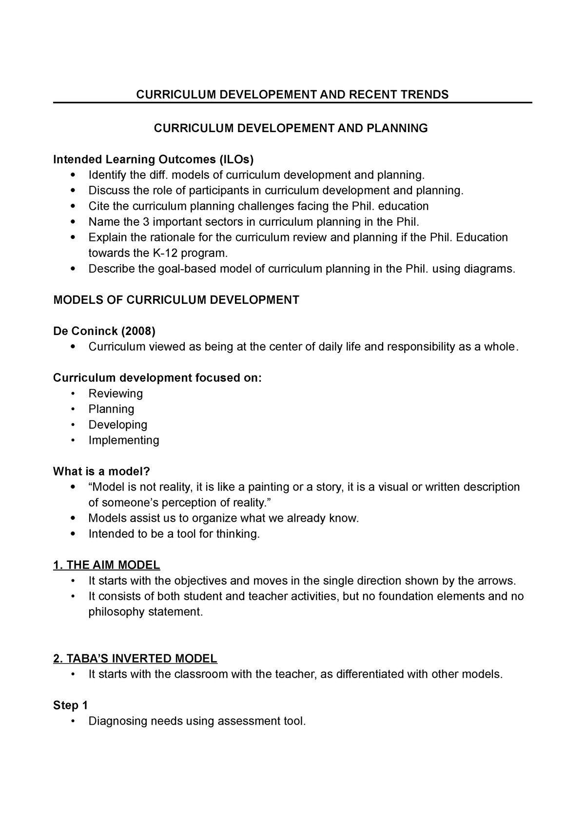 Curriculum Development And Planning CURRICULUM DEVELOPEMENT AND 