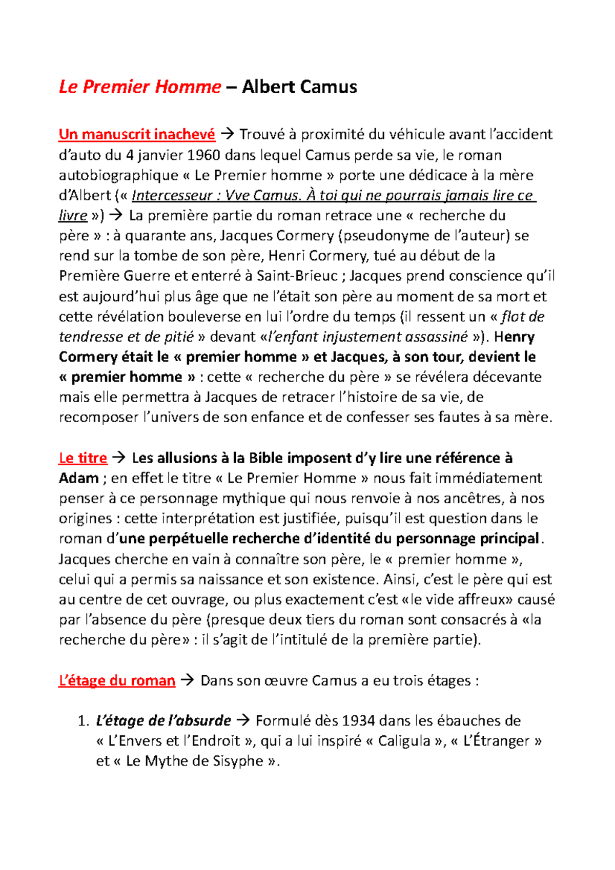 Le Premier Homme Albert Camus Le Premier Homme Albert Camus Un manuscrit inachevé Trouvé à